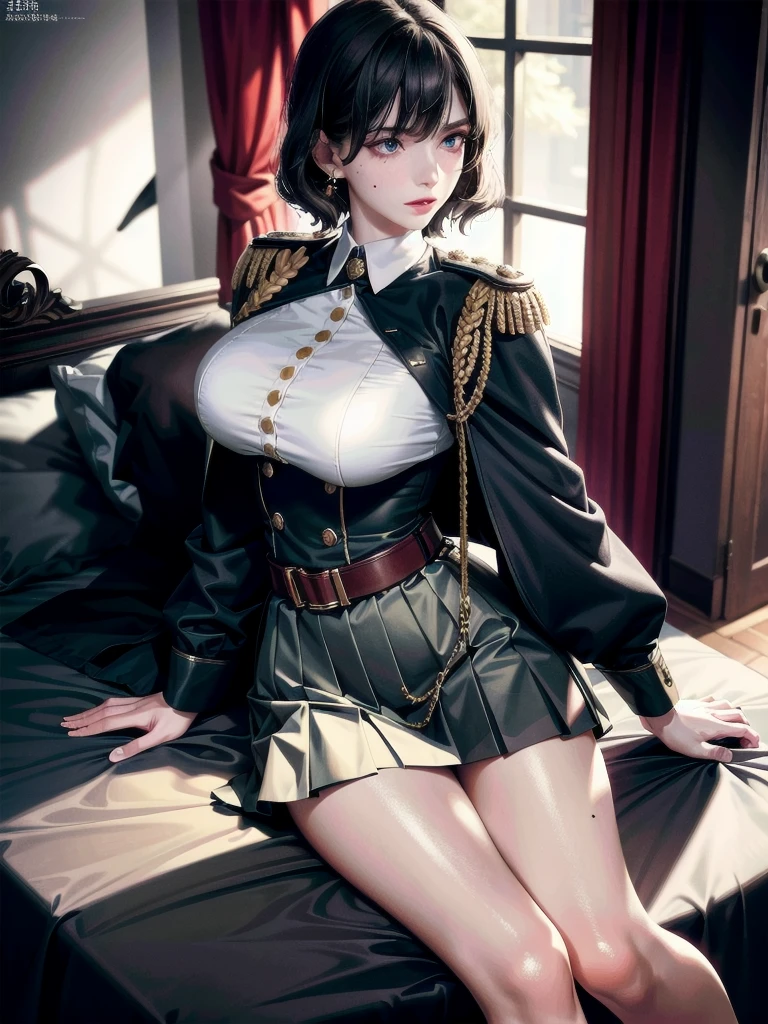 military uniform, absurdres, RAW photo, extremely delicate and beautiful, masterpiece, Best Quality, ultra high resolution, 32k, hyperrealistic, ultra-detailed, detailed description, pale skin, 20 years old, tearful mole, earring, Colossal tits, short medium hair, wavy hair, pleated skirt,