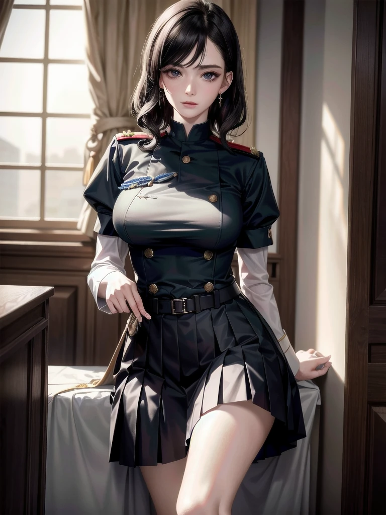 military uniform, absurdres, RAW photo, extremely delicate and beautiful, masterpiece, Best Quality, ultra high resolution, 32k, hyperrealistic, ultra-detailed, detailed description, pale skin, 20 years old, tearful mole, earring, Colossal tits, short medium hair, wavy hair, pleated skirt,