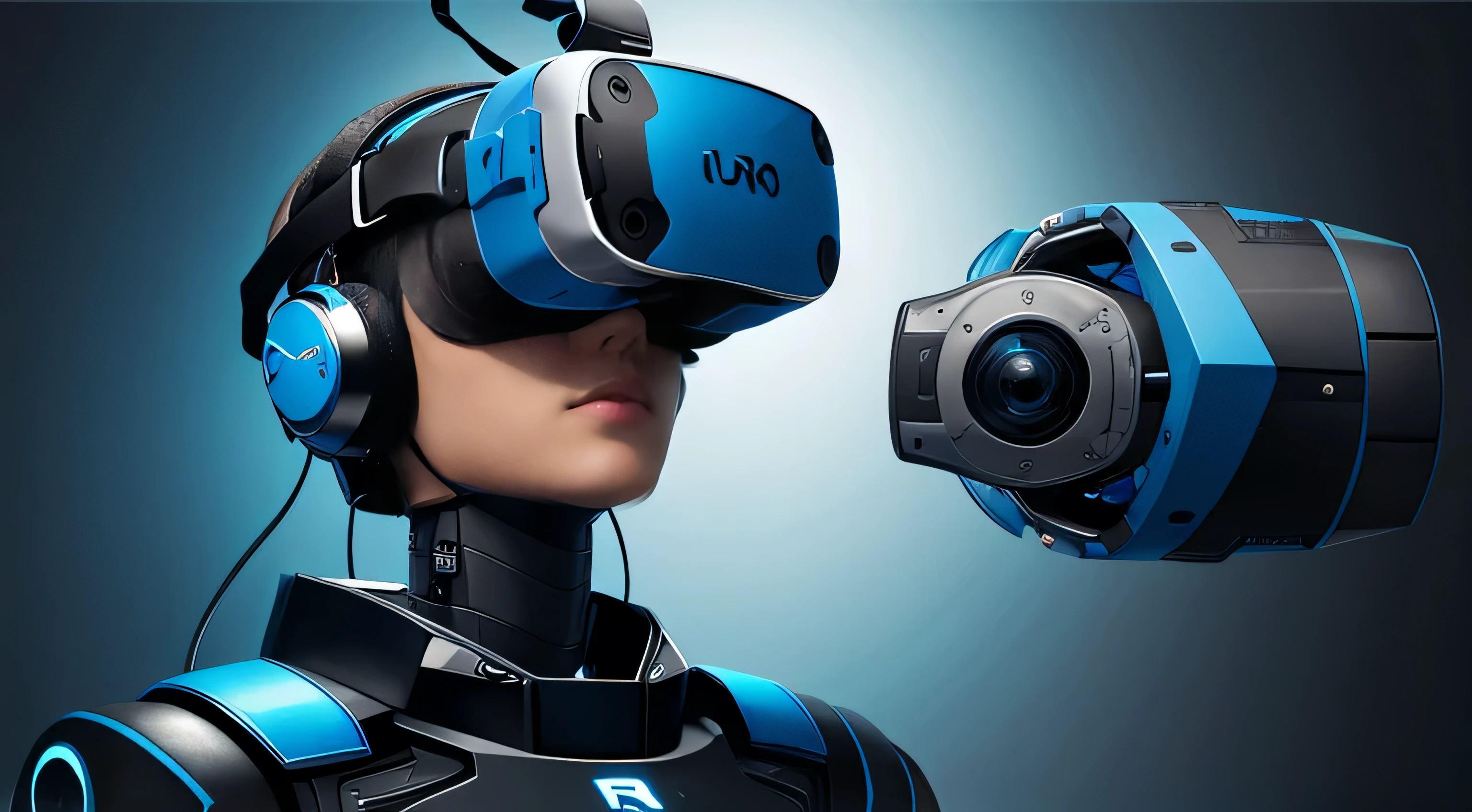 Robot marillo usando vr, fondo azul