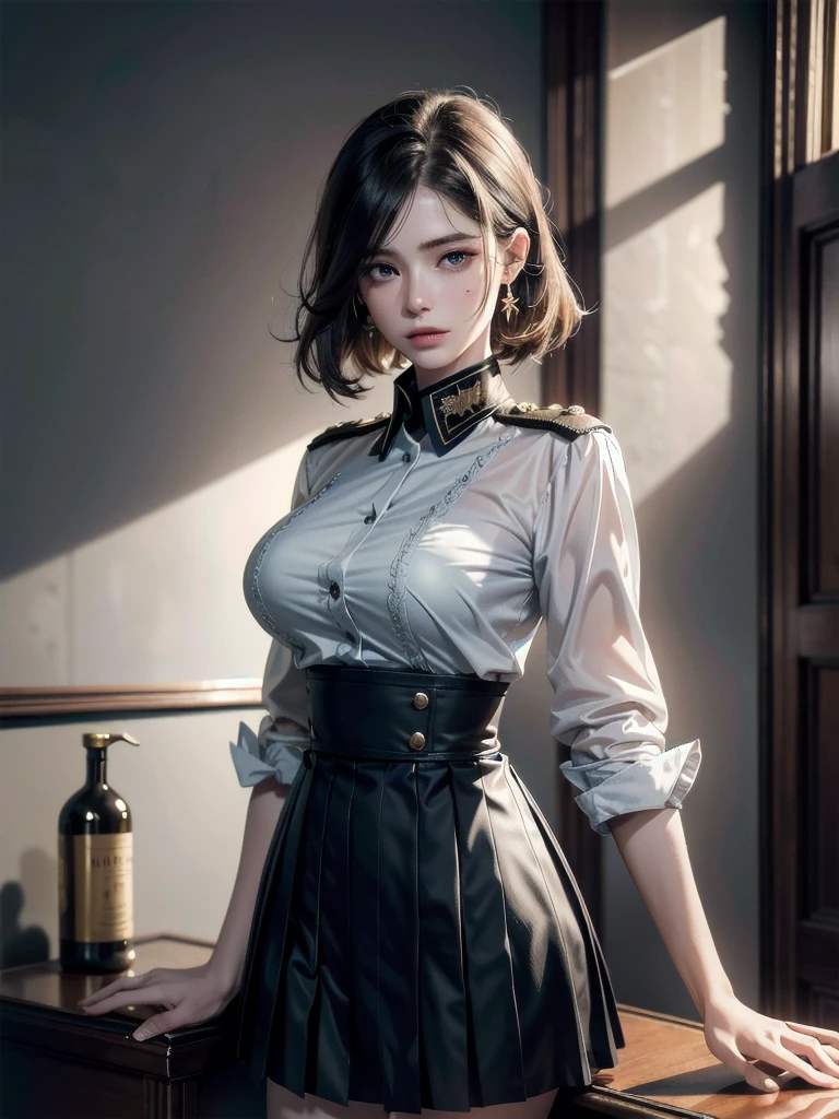 military uniform, absurdres, RAW photo, extremely delicate and beautiful, masterpiece, Best Quality, ultra high resolution, 32k, hyperrealistic, ultra-detailed, detailed description, pale skin, 20 years old, tearful mole, earring, Colossal tits, short medium hair, wavy hair, pleated skirt,