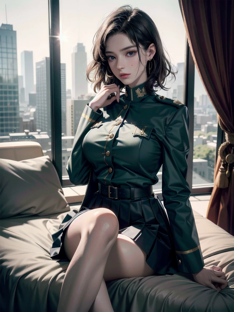 military uniform, absurdres, RAW photo, extremely delicate and beautiful, masterpiece, Best Quality, ultra high resolution, 32k, hyperrealistic, ultra-detailed, detailed description, pale skin, 20 years old, tearful mole, earring, Colossal tits, short medium hair, wavy hair, pleated skirt,