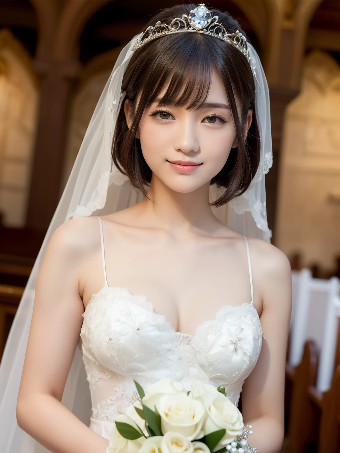 (highest quality:1.5), (Realistic:1.5), (1 person:1.5), (Medium Shot:1.5), Very detailed, High resolution, 8k wallpaper, , Small breasts, Natural color lips, Cute Smile, Japanese women, 20-year-old girl, Beautiful and elegant face, Perfect and beautiful face, Big eyes, Brunette's eyes, Beautiful and elegant face, Perfect and beautiful double eyelids, Natural Bangs, Beautiful thin nose, Beautiful Skin, Chestnut Hair, Medium Bob Hair, Shortcuts, Natural Bangs, Perfect and beautiful face, Slim face and figure, (Looking at the camera), Bright lighting, Professional Lighting, Forward lighting, Natural smile, church, Princess line wedding dress, tiara、Holding the bouquet at stomach level、