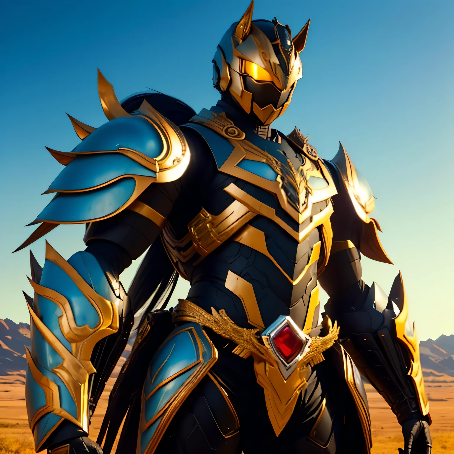 best quality)), ((masterpiece)), (detailed), perfect face, White and Light Blue, Horse Kamen Rider, Ranch background, Single person, Sleek Horse Armor, Full Body, Horse Base, Kamen Rider, 1 male, Majestic Armor