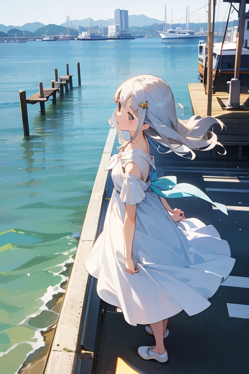 White Summer Dress, Are standing, Inviting, whole body, Low angle 21 year old beautiful girl, Being in the port, Standing on the pier, Yokohama port