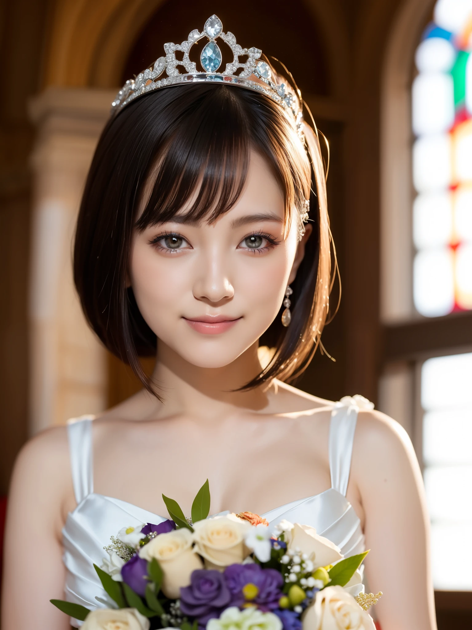 (highest quality:1.5)、(Realistic:1.5)、(1 person:1.5)、(Medium Shot:1.5)、Very detailed、High resolution、8k wallpaper、、Small breasts、Natural color lips、Cute Smile、Japanese women、20-year-old girl、Beautiful and elegant face、Perfect and beautiful face、Large, balanced eyes、Brunette's eyes、Beautiful and elegant face、Beautiful double eyelids、Natural Bangs、Beautiful thin nose、Beautiful Skin、Fair skin、Medium Bob Hair、Natural Bangs、Perfect and beautiful face、Slim face and figure、(Looking at the camera with a sweet smile)、Bright lighting、Professional Lighting、Forward lighting、Natural smile、Wedding ceremony in a church with beautiful stained glass、Wedding dress、tiara、Holding the bouquet at stomach level、