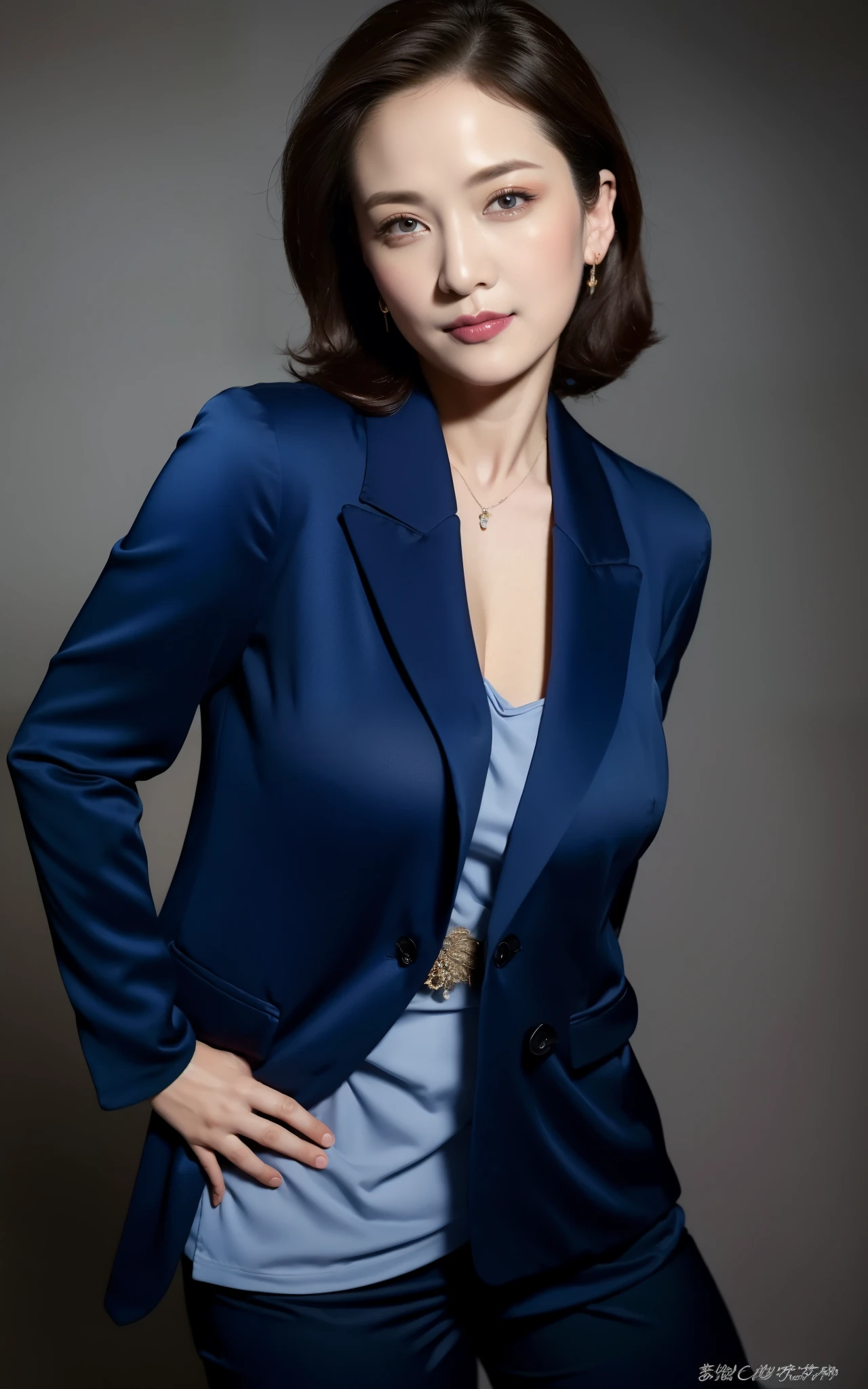 masterpiece,best quality, (1 milf), ((portrait:1.5)), makeup, glossy blue blazer, elegant black shirt, contrapposto, ((seduction expression)),