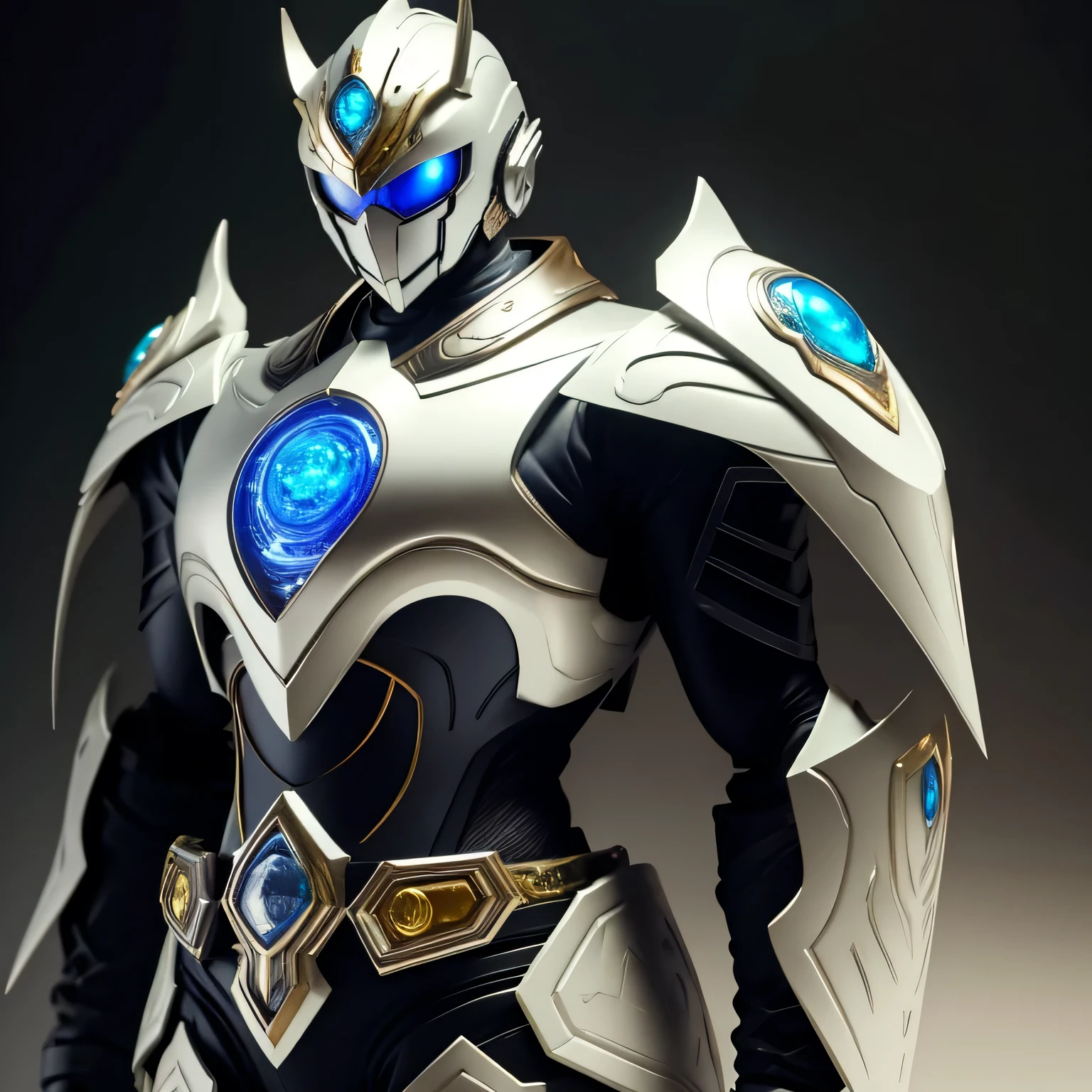 best quality)), ((masterpiece)), (detailed), perfect face, White and Light Blue, Horse Kamen Rider, Ranch background, Single person, Sleek Horse Armor, Full Body, Horse Base, Kamen Rider, 1 male, Majestic Armor