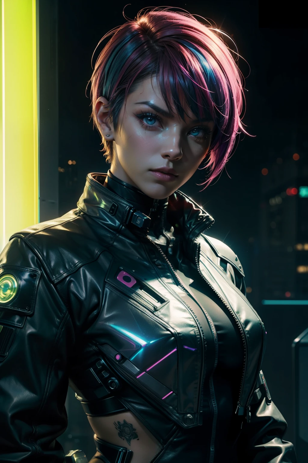 Woman in Cyberpunk Style: (Realistic: 1.6), (Clarity: 1.6), (Detail: 1.8), (One woman), Neo-noir setting, (Height: 1.7), (Lean body, muscular build), ((Neon-colored hair, short bob or pixie cut)), (Cybernetic implants, glowing lines, holographic projections), ( mirror-shine leather jacket), (distinctive dark eyes, sharp cheekbones), (ultra-detailed tattoos, intricate patterns, body art), (High Quality Detail, Cinematic Lighting, (Neon color scheme), Absurd