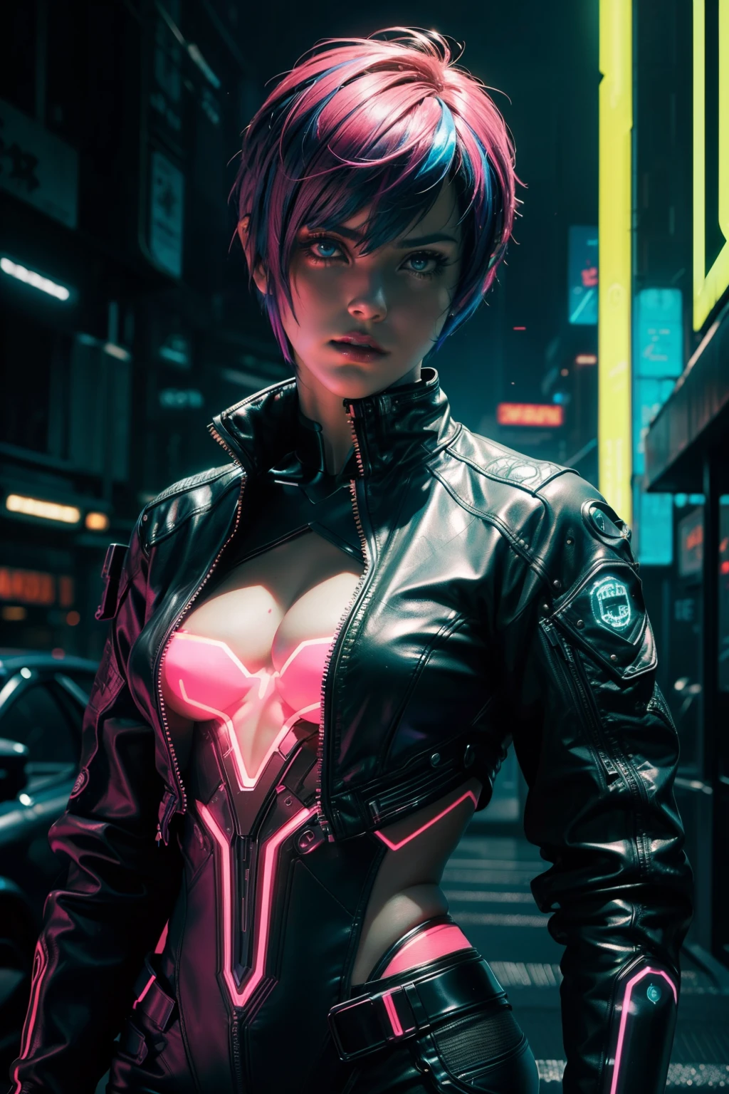 Woman in Cyberpunk Style: (Realistic: 1.6), (Clarity: 1.6), (Detail: 1.8), (One woman), Neo-noir setting, (Height: 1.7), (Lean body, muscular build), ((Neon-colored hair, short bob or pixie cut)), (Cybernetic implants, glowing lines, holographic projections), ( mirror-shine leather jacket), (distinctive dark eyes, sharp cheekbones), (ultra-detailed tattoos, intricate patterns, body art), (High Quality Detail, Cinematic Lighting, (Neon color scheme), Absurd