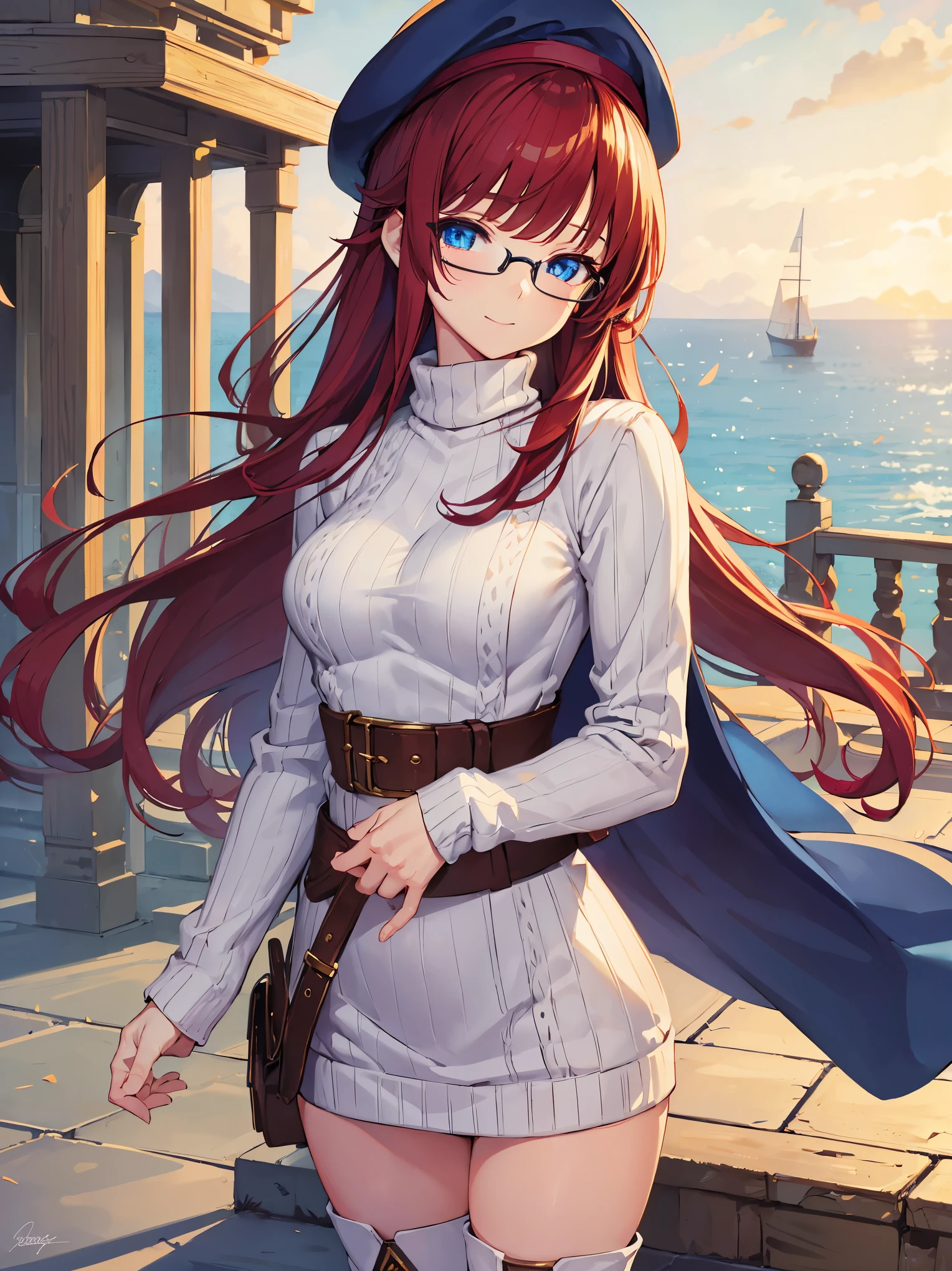 pov,summonnightaty, aty, (young:1.3),long hair, blue eyes, red hair, beret, hat, glasses,
BREAK long hair, thighhighs, hat, dress, boots, glasses, belt, cape, sweater, zettai ryouiki, beret, thigh boots, white footwear, ribbed sweater, loose belt,solo,
BREAK outdoors, fantasy,on_a_ship,
BREAK (masterpiece:1.2), best quality, high resolution, unity 8k wallpaper, (illustration:0.8), (beautiful detailed eyes:1.6), extremely detailed face, perfect lighting, extremely detailed CG, (perfect hands, perfect anatomy),covered_nipples,covered_navel,light_smile ,(half_eyes:1.4),sword,armpit,sleepy,dynamic_standing,barrel,red_sweater,apart_legs,magical_effect,focus_breasts,