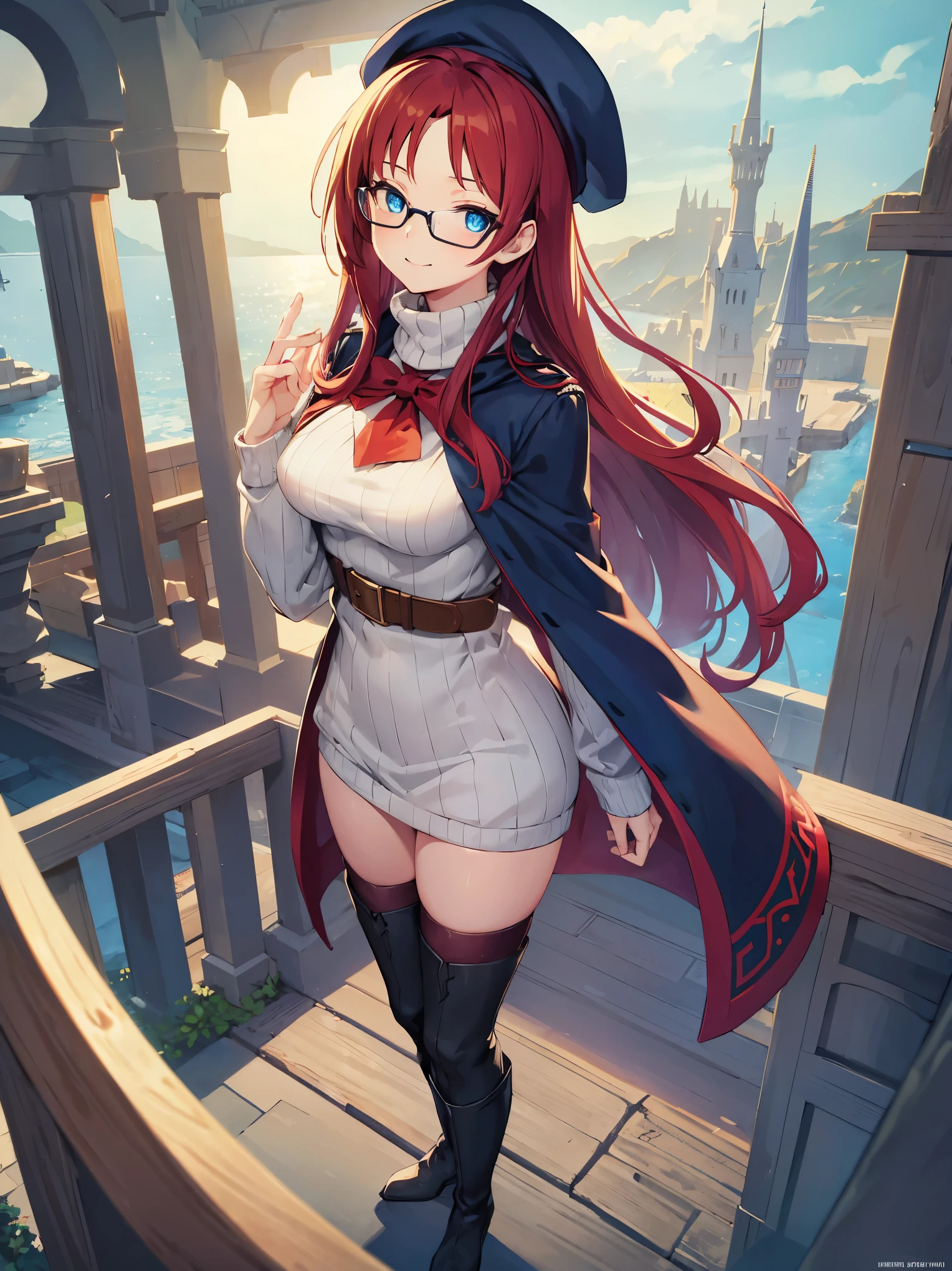 pov,summonnightaty, aty, (young:1.3),long hair, blue eyes, red hair, beret, hat, glasses,
BREAK long hair, thighhighs, hat, dress, boots, glasses, belt, cape, sweater, zettai ryouiki, beret, thigh boots, white footwear, ribbed sweater, loose belt,solo,
BREAK outdoors, fantasy,on_a_ship,
BREAK (masterpiece:1.2), best quality, high resolution, unity 8k wallpaper, (illustration:0.8), (beautiful detailed eyes:1.6), extremely detailed face, perfect lighting, extremely detailed CG, (perfect hands, perfect anatomy),covered_nipples,covered_navel,light_smile ,(half_eyes:1.4),sword,armpit,sleepy,dynamic_standing,barrel,red_sweater,apart_legs,magical_effect,focus_breasts,