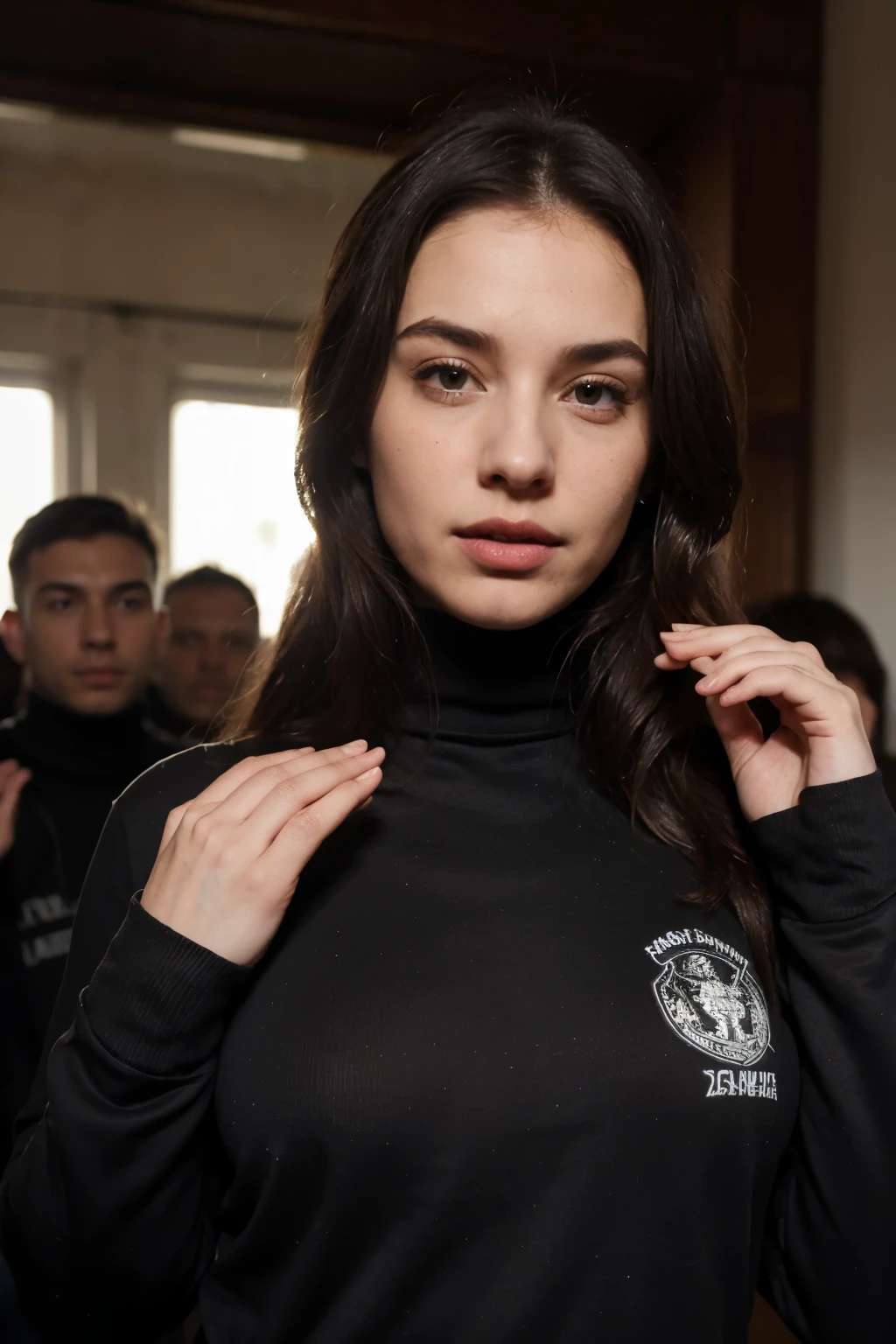 Create an organized army of men and women in black turtleneck sweatshirts doing the fascist salute 