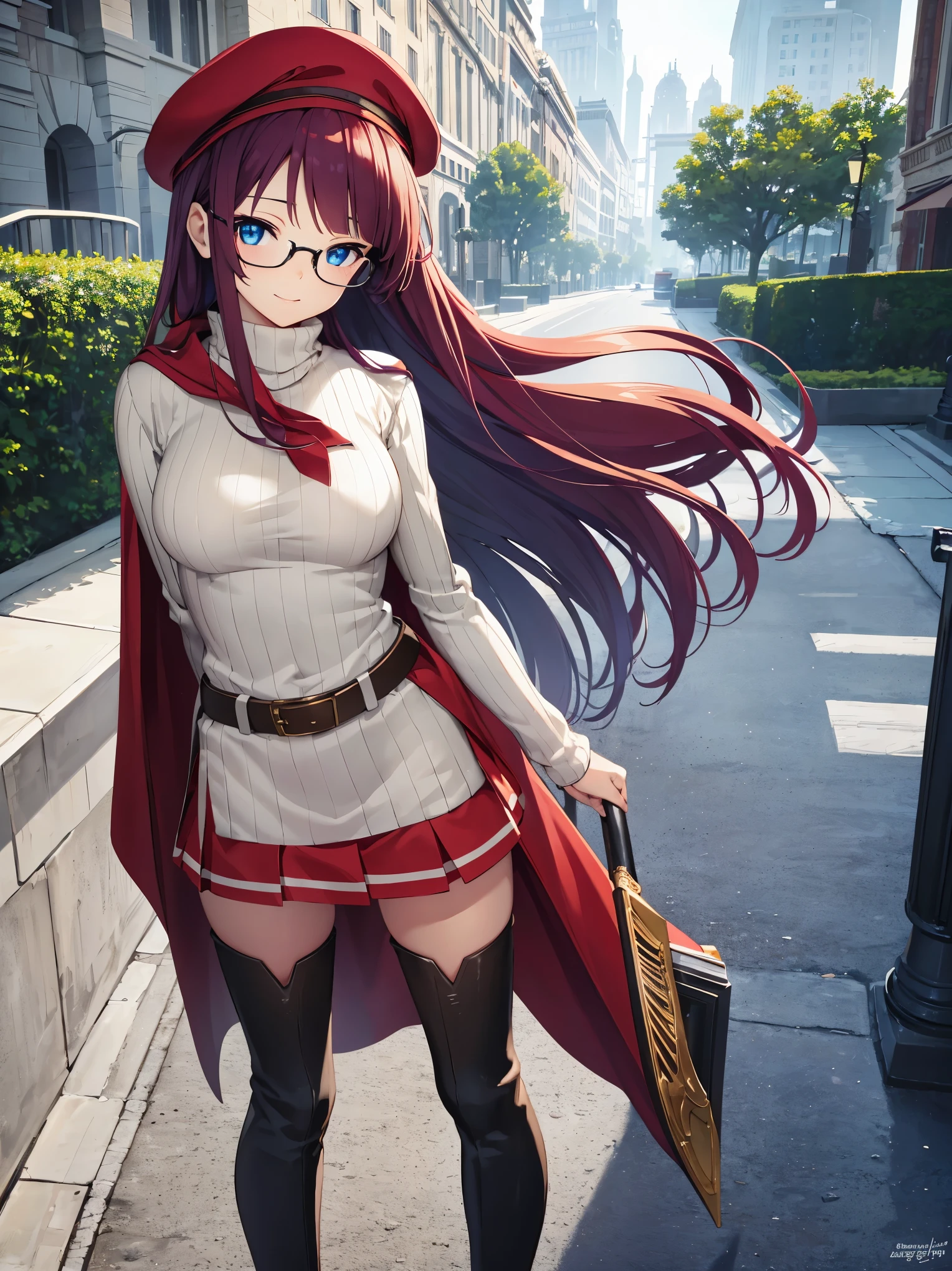 pov,summonnightaty, aty, (young:1.3),long hair, blue eyes, red hair, beret, hat, glasses,
BREAK long hair, thighhighs, hat, dress, boots, glasses, belt, cape, sweater, zettai ryouiki, beret, thigh boots, white footwear, ribbed sweater, loose belt,solo,
BREAK outdoors, fantasy,on_a_ship,
BREAK (masterpiece:1.2), best quality, high resolution, unity 8k wallpaper, (illustration:0.8), (beautiful detailed eyes:1.6), extremely detailed face, perfect lighting, extremely detailed CG, (perfect hands, perfect anatomy),covered_nipples,covered_navel,light_smile ,(half_eyes:1.4),sword,armpit,sleepy,dynamic_standing,barrel,red_sweater,apart_legs,magical_effect,focus_breasts,