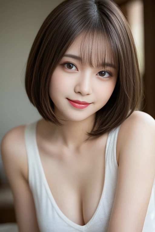 masutepiece, Best Quality, Illustration, Ultra-detailed, finely detail, hight resolution, 8K Wallpaper, Perfect dynamic composition, Beautiful detailed eyes, Women's Fashion,Very short hair,Small breasts natural color lip, Bold sexy poses,Smile,Harajuku、20 years girl、Cute、Sexy shot looking at camera