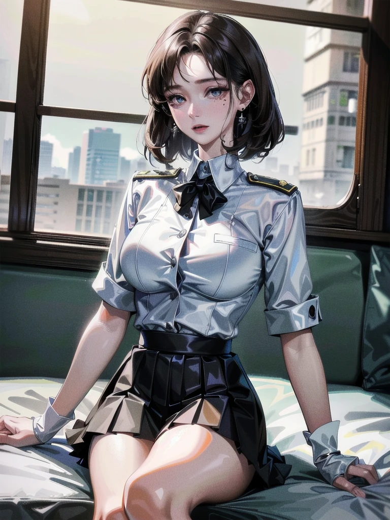 military uniform, absurdres, RAW photo, extremely delicate and beautiful, masterpiece, Best Quality, ultra high resolution, 32k, hyperrealistic, ultra-detailed, detailed description, pale skin, 20 years old, tearful mole, earring, Colossal , short medium hair, wavy hair, pleated skirt,