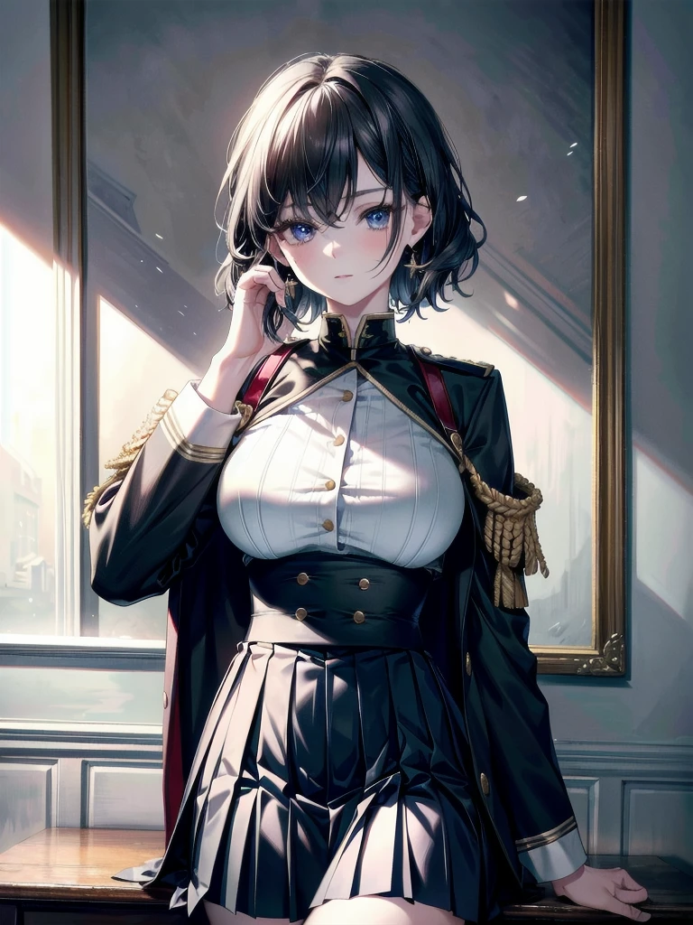 military uniform, absurdres, RAW photo, extremely delicate and beautiful, masterpiece, Best Quality, ultra high resolution, 32k, hyperrealistic, ultra-detailed, detailed description, pale skin, 20 years old, tearful mole, earring, Colossal tits, short medium hair, wavy hair, pleated skirt,