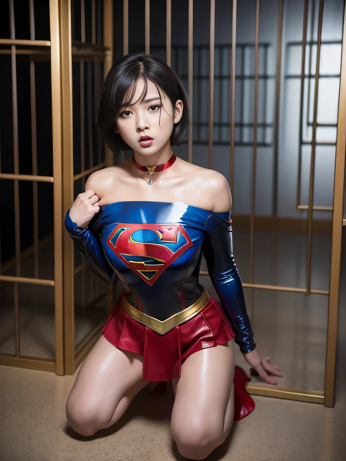 masterpiece、Supergirl Costume、short hair、barefoot、Big and ample breasts、Crisis situation、Complete surrender、prison、In a cage、Feeling of abuse、Kneel、Sweaty、Shiny、looking at the camera、Seduce、choker、Long sleeve、red sexy pose、POW camps、Humiliating、Off the shoulder、latex、