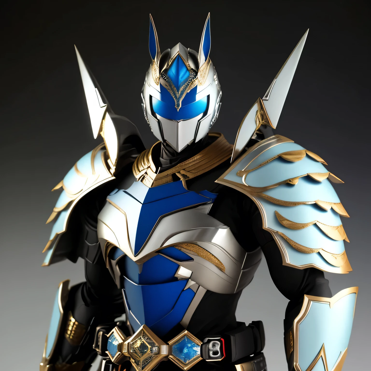 best quality)), ((masterpiece)), (detailed), perfect face, White and Light Blue, Horse Kamen Rider, Ranch background, Single person, Sleek Horse Armor, Full Body, Horse Base, Kamen Rider, 1 male, Majestic Armor