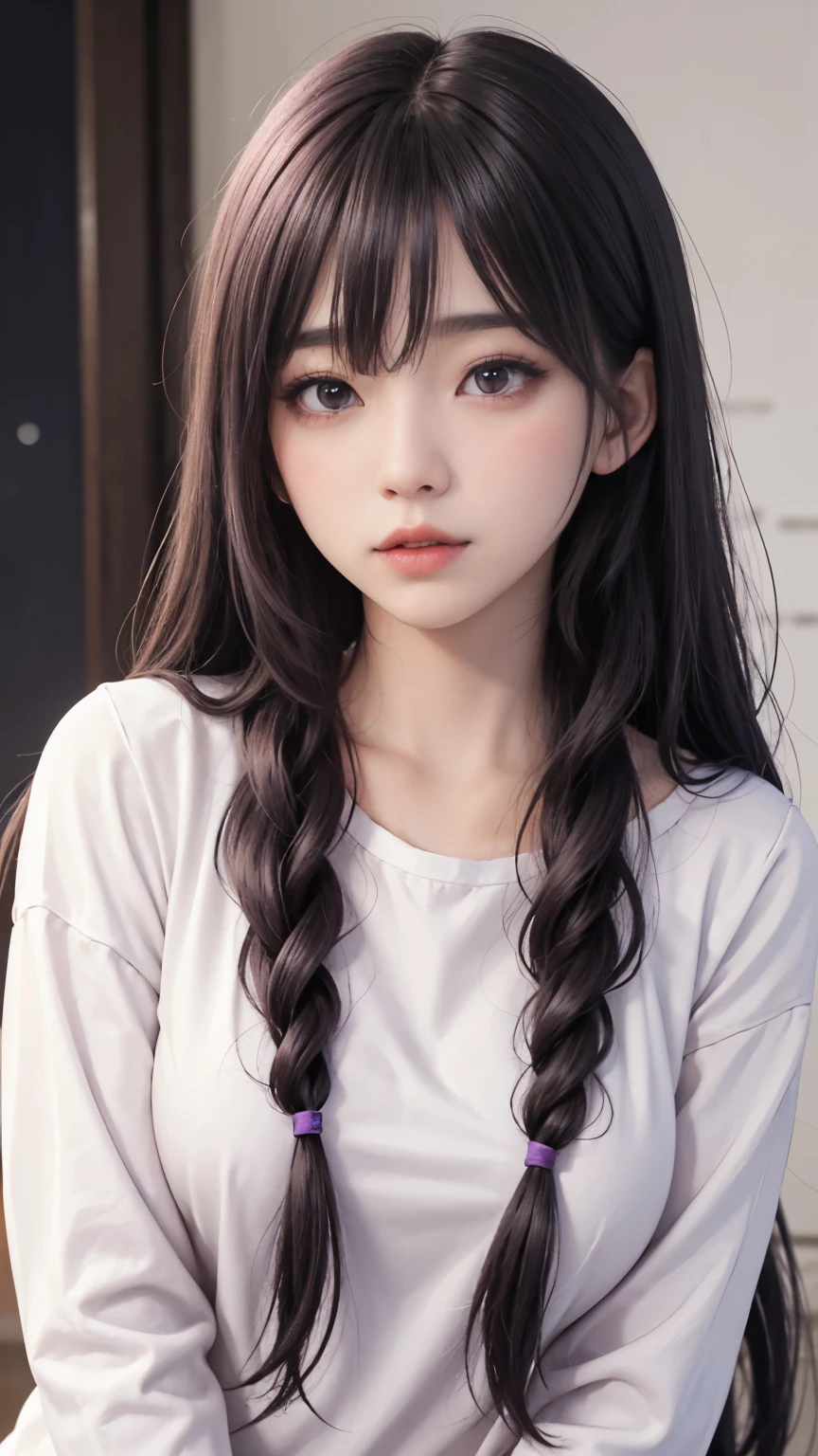 background（Black Night Sky，Big Moon），Woman close up，Wearing a white shirt、Purple Hair，Very long hair，very thick braids，Purple eyes，big ， realistic girl rendering, 8k artistic german bokeh, Enchanting girl, Realistic girl, Gurwitz, Gurwitz-style artwork, Girl Roleplay, Realistic 3D style, cgstation Popular Topics,, 8K Portrait Rendering,（Faithfulness，Faithfulness：1.4），Wear pink pajamas，巨big ，Sparkling eyes，Purple eyes