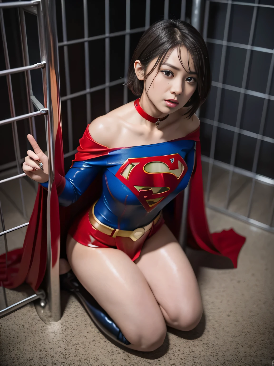 masterpiece、Supergirl Costume、short hair、barefoot、Big and ample breasts、Crisis situation、Complete surrender、sewer、In a cage、Abused、Kneel、Sweaty、Shiny、looking at the camera、Rusted chains、choker、Long sleeve、Sexy poses to seduce、Poor environment、Humiliating、Off the shoulder、latex、