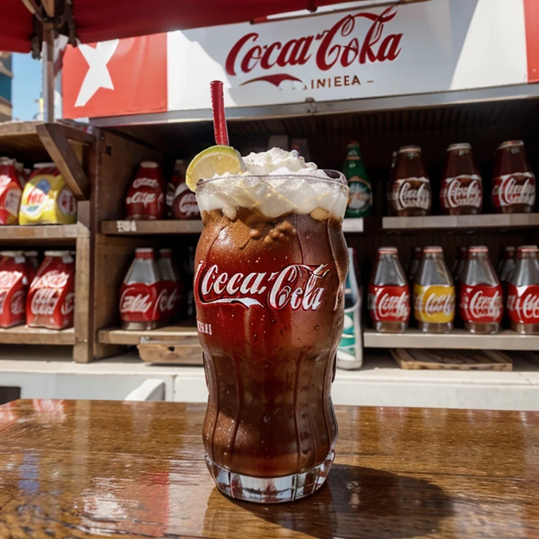 Realiza una imagen de Coca-Cola que impacte y sea novedosa para una feria de mercado 