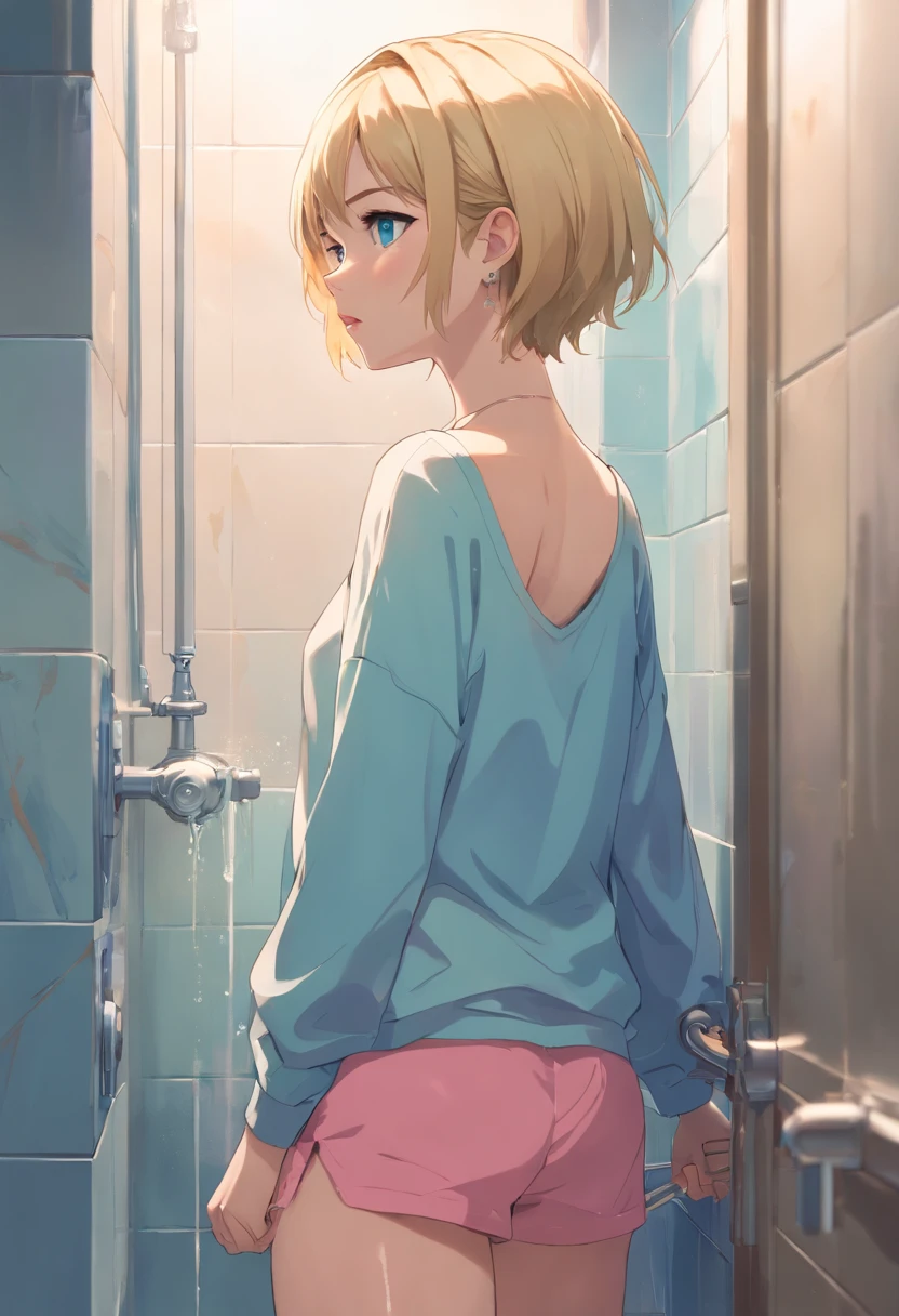 17 years old Women, ((Blonde)), ((Blue eyes)), ((Short hair)), ((Full body)), very detailed makeup, pale pink lipstick, long earrings, in the shower, with a tired attitude, hands resting on the wall and looking at the floor ((whole body))