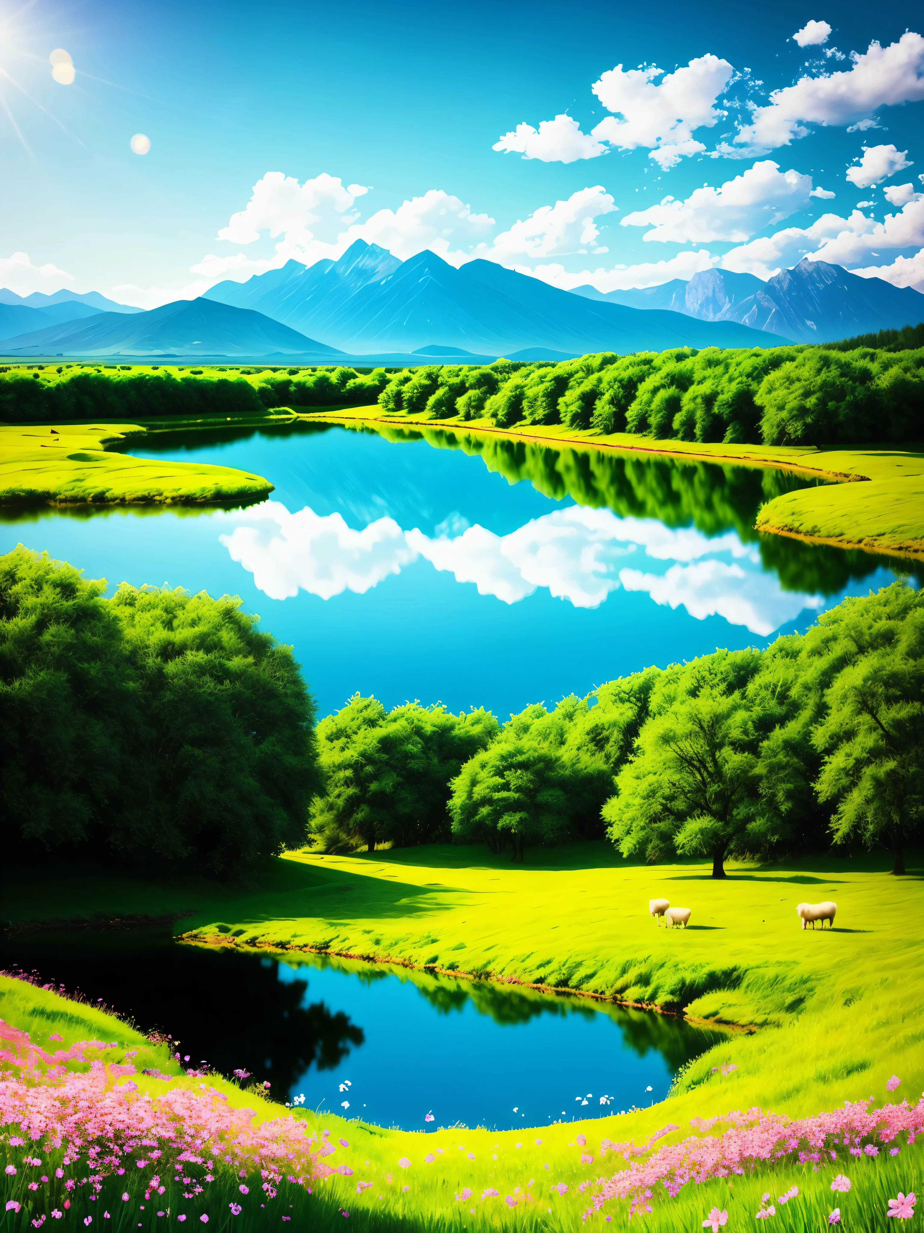 summer, pastures, Some small flowers, Clear lake water, sheep, Heaven, Big Cloud, Blue sky, Hot weather, HD detailed, Ultra Detail, Movie, Surrealism, Soft Light, Deep Focus Bokeh, In the distance is a gentle mountain range., Ray Tracing, Surrealism. --v6