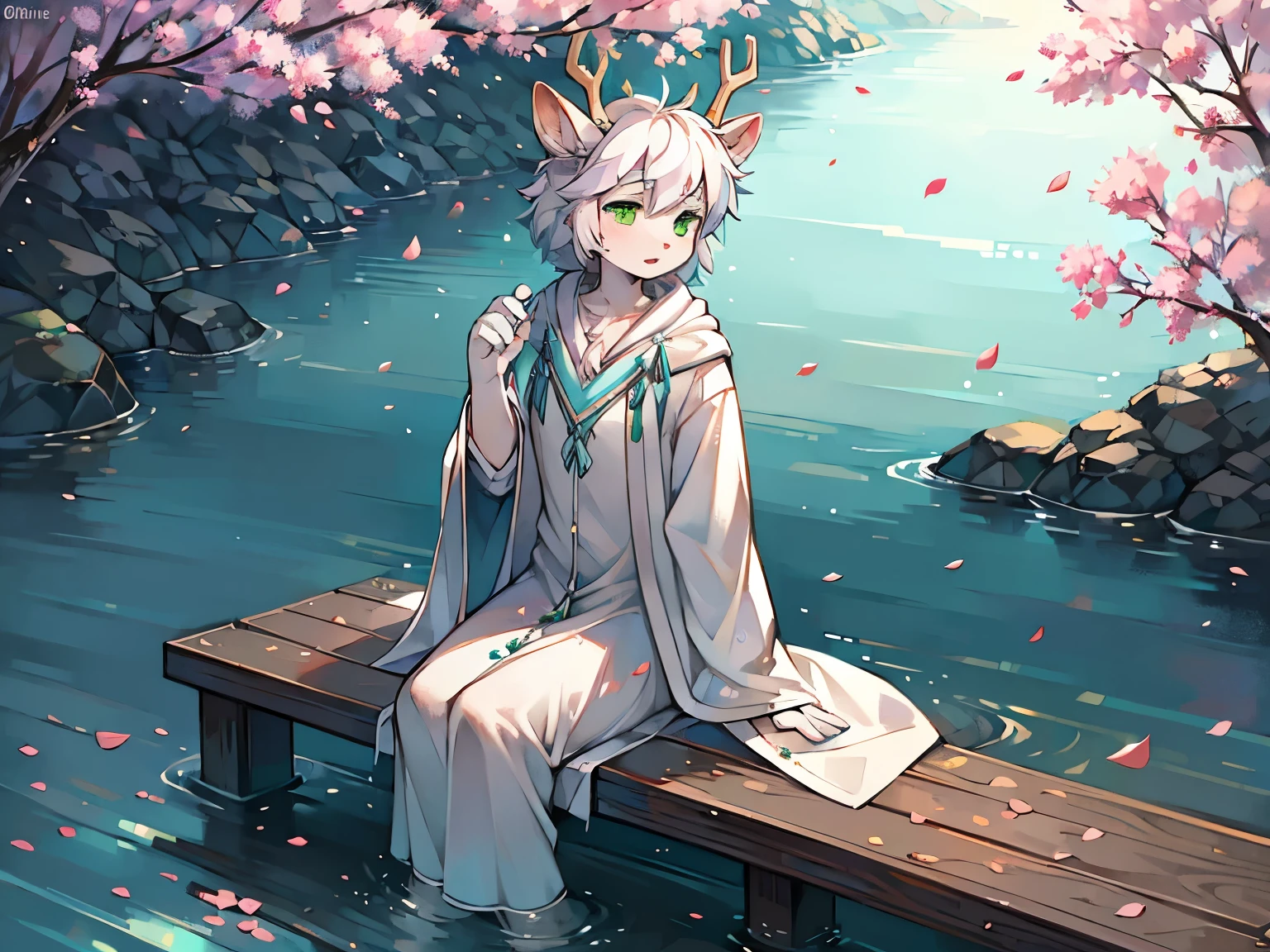 A white deer,antlers,Green Eyes,Sitting by the river,Clear river water,Falling plum petals,Petals fall on the surface of the river,Bleak atmosphere,White robe,Turquoise decoration,