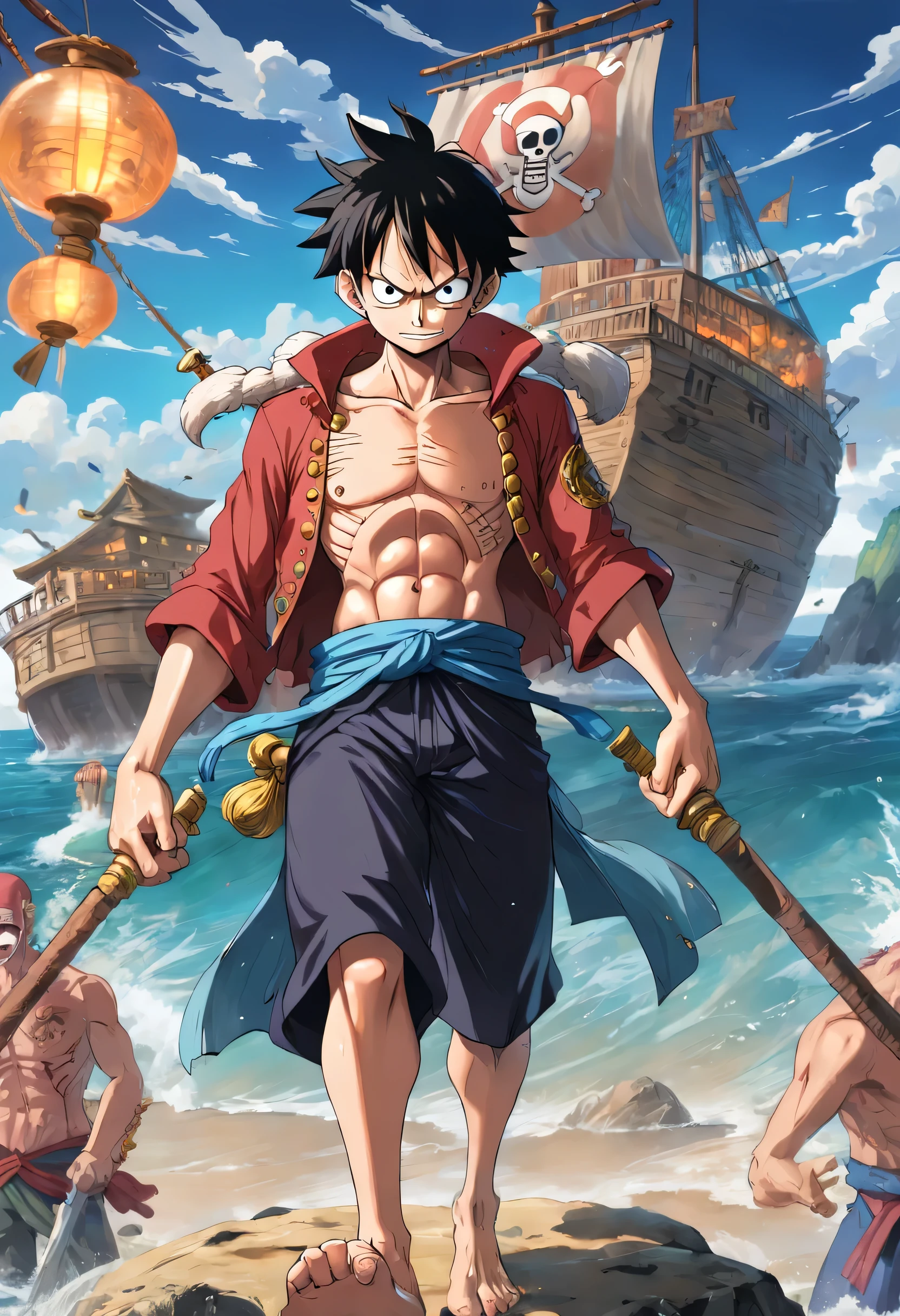 una obra de arte detallada de Luffy como rey de los piratas, una pieza, 4k, cuerpo entero, inspirado em Eiichiro Oda, Estilo de Arte una pieza, arte anime limpio y detallado, estilo de dibujo hiperrealista, Fondo de la isla con varios tesoros de cerca.