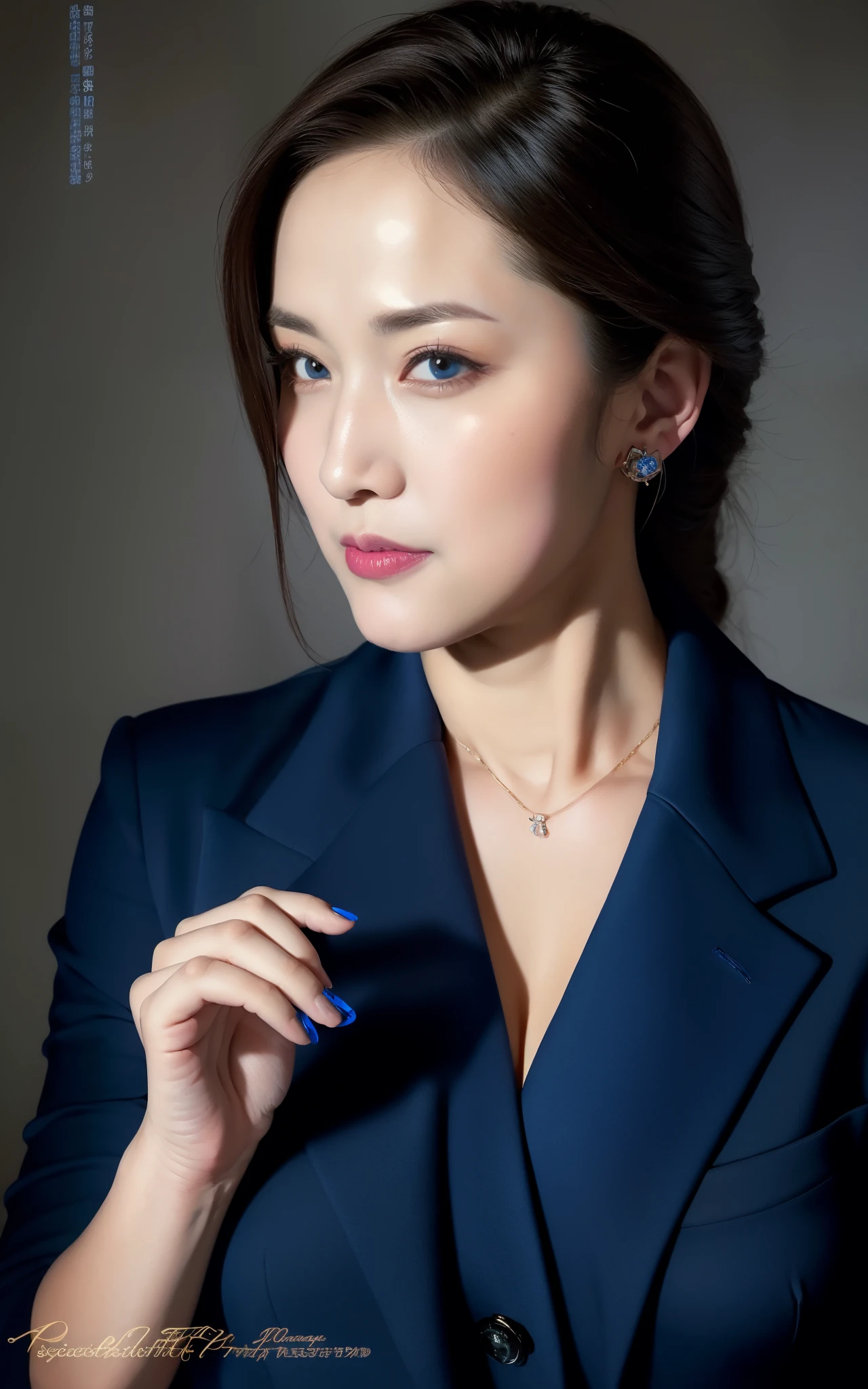 masterpiece,best quality, (1 milf), ((portrait:1.5)), makeup, glossy blue blazer, elegant black shirt, contrapposto, ((seduction expression)),