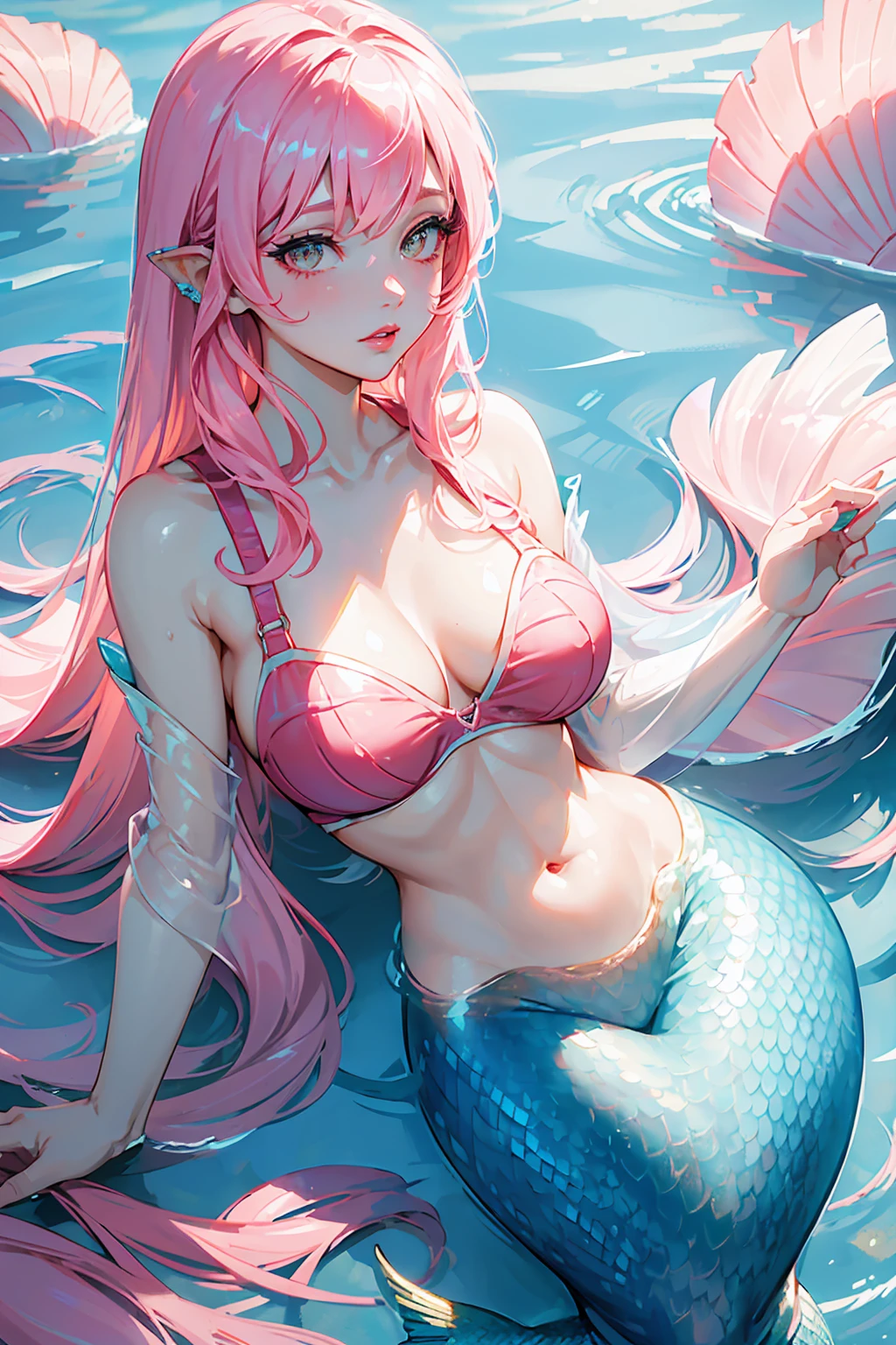 best quality, masterpiece, ultra detailed, ultra high res, realistic, bright colour, female, extremely large breast, very long pink mohawk hair, tiny pink see through bikini, front view, under water,