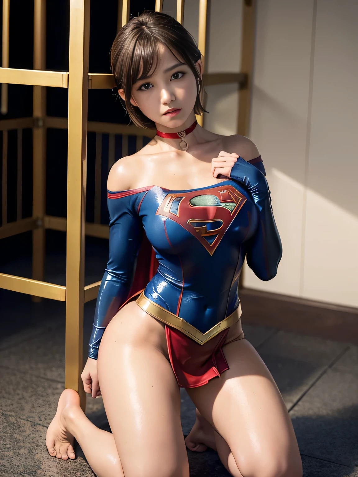 masterpiece、Supergirl Costume、short hair、barefoot、Big and ample breasts、Crisis situation、Complete surrender、prison、In a cage、Feeling of abuse、Kneel、Sweaty、Shiny、looking at the camera、Seduce、choker、Long sleeve、red sexy pose、POW camps、Humiliating、Off the shoulder、latex、