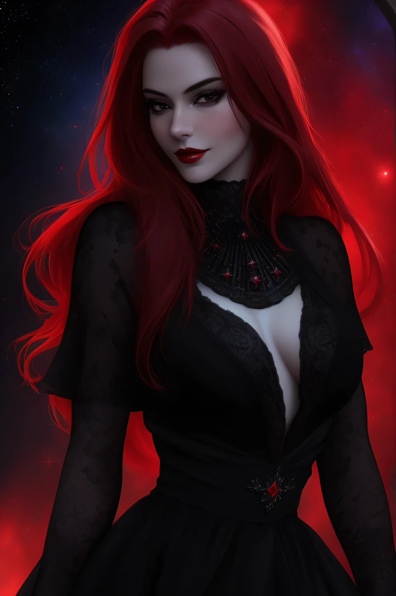 (Masterpiece - Ultra-Detailed, High Resolution) ((vivid red hair)), mature woman, 30 years old, diamond face, red starry sky background, depth of field, magic, big red lips, ((dark and black eyes)) black and red long and full dress, covered chest, mystical atmosphere, ominous shadows, Intense blue aura, Intense red aura (best quality:1.2), absurdres, intricate details, (highly detailed skin:1.2), smile expression, posing, taut and well defined body, attractive. Highly realistic, pale skin, beautiful, hyperrealism, skin very elaborated, direct gaze