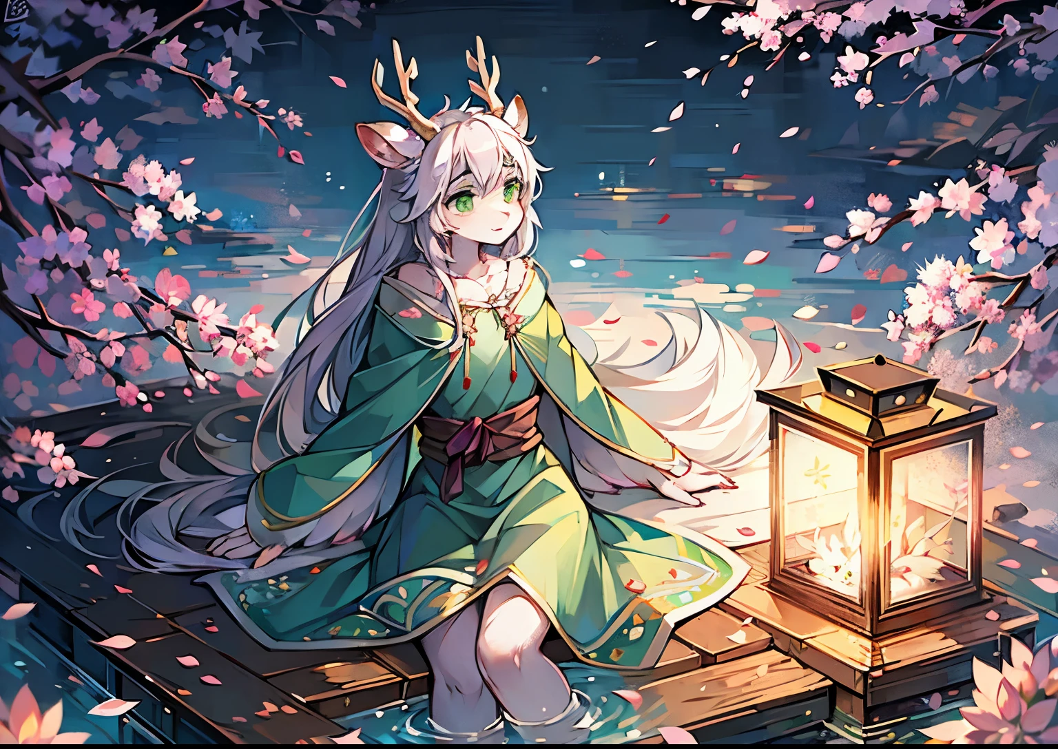A white deer，lake，Lotus，Plum blossom branch，White petals，Green Eyes，antlers，Light green robe，Fairy streamers，