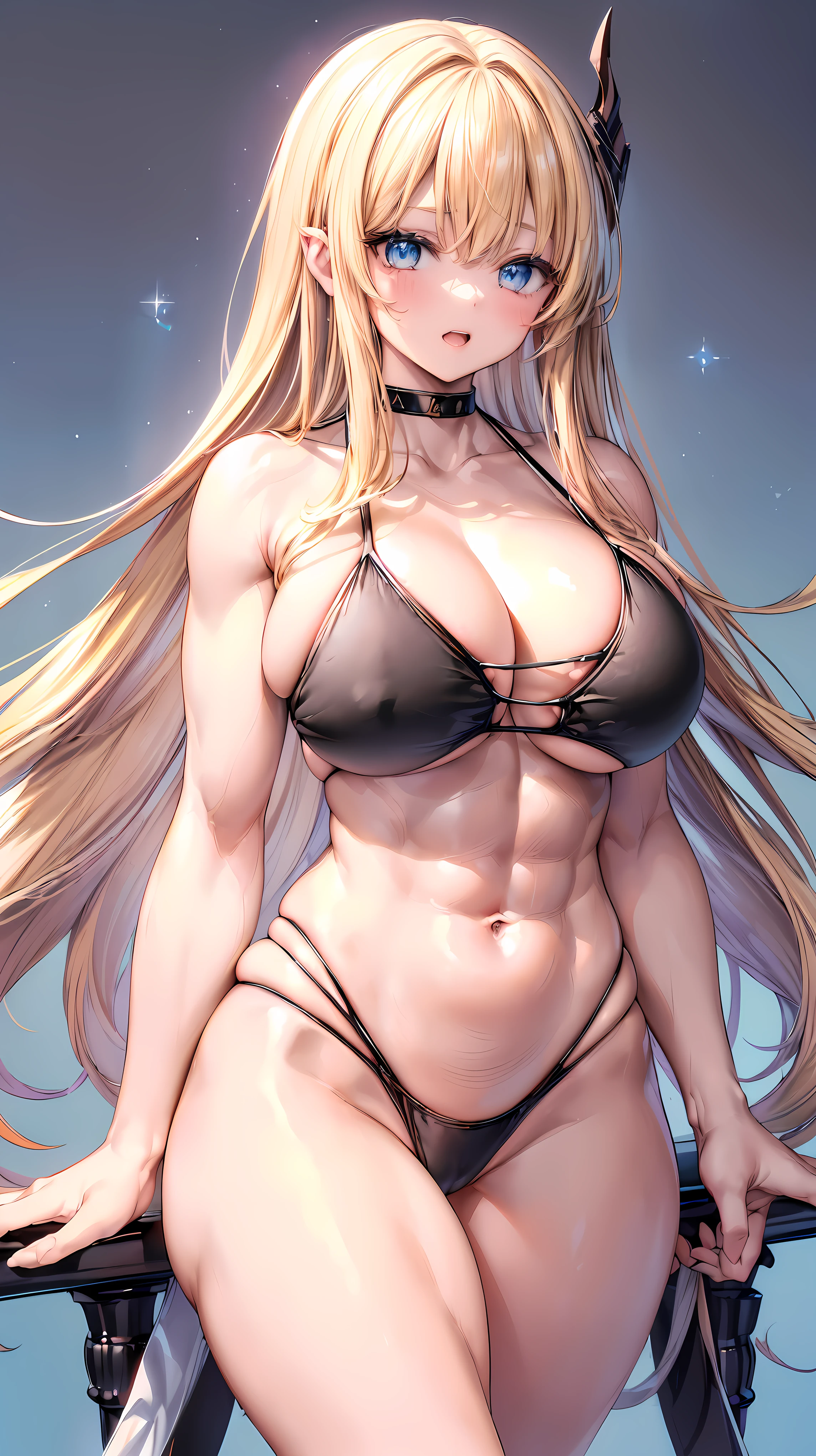 Very detailed、highest quality、Best image quality、masterpiece、8k、Anime Face、A kind smile、(Open your mouth:1.3)、Sparkling blue eyes、(Blonde semi-long hair:1.5)、(Muscles of the whole body:1.3)、(High leg:2.0)、Thigh belt、(Black high-cut bikini:1.5)、(Upper body photo:1.5)、(SFW Giant)、(Thick body:1.2)