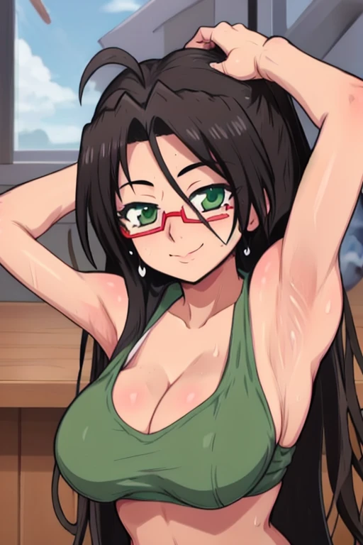 masterpiece, best quality, looking at viewer, upper body, portrait, looking at viewer, seductive smile, put your hands behind your head, armpits, armpits visible, sweaty armpits, hasegawa chisato, very large breasts, long black hair, wearing green croptop, wearing glasses,