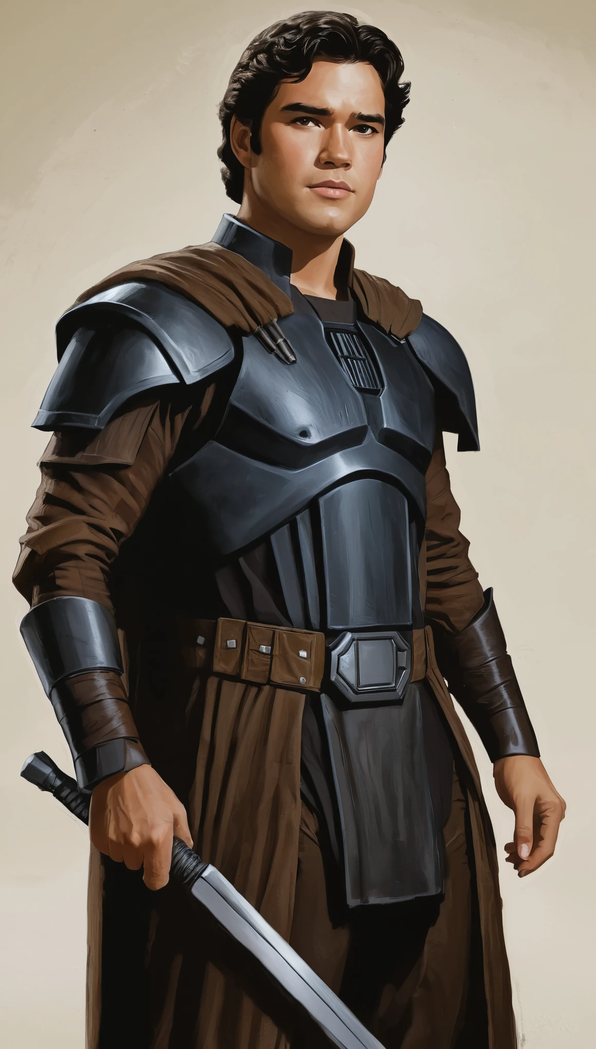 An illustrated movie poster, hand-drawn, full color, a Jedi Knight, 21 years-old, wearing a dark jedi tunic, resembles Dean Cain, sun-tanned skin, stocky physique, deep brown eyes, wide bulbous nose, black hair, curly hair, thick bushy eyebrows, extremely hairy chest, stomach, and arms, lots of body hair, hard shadows, graphite shading, stencil markings, airbrushed acrylic paint, masterpiece, in the style of Star Wars