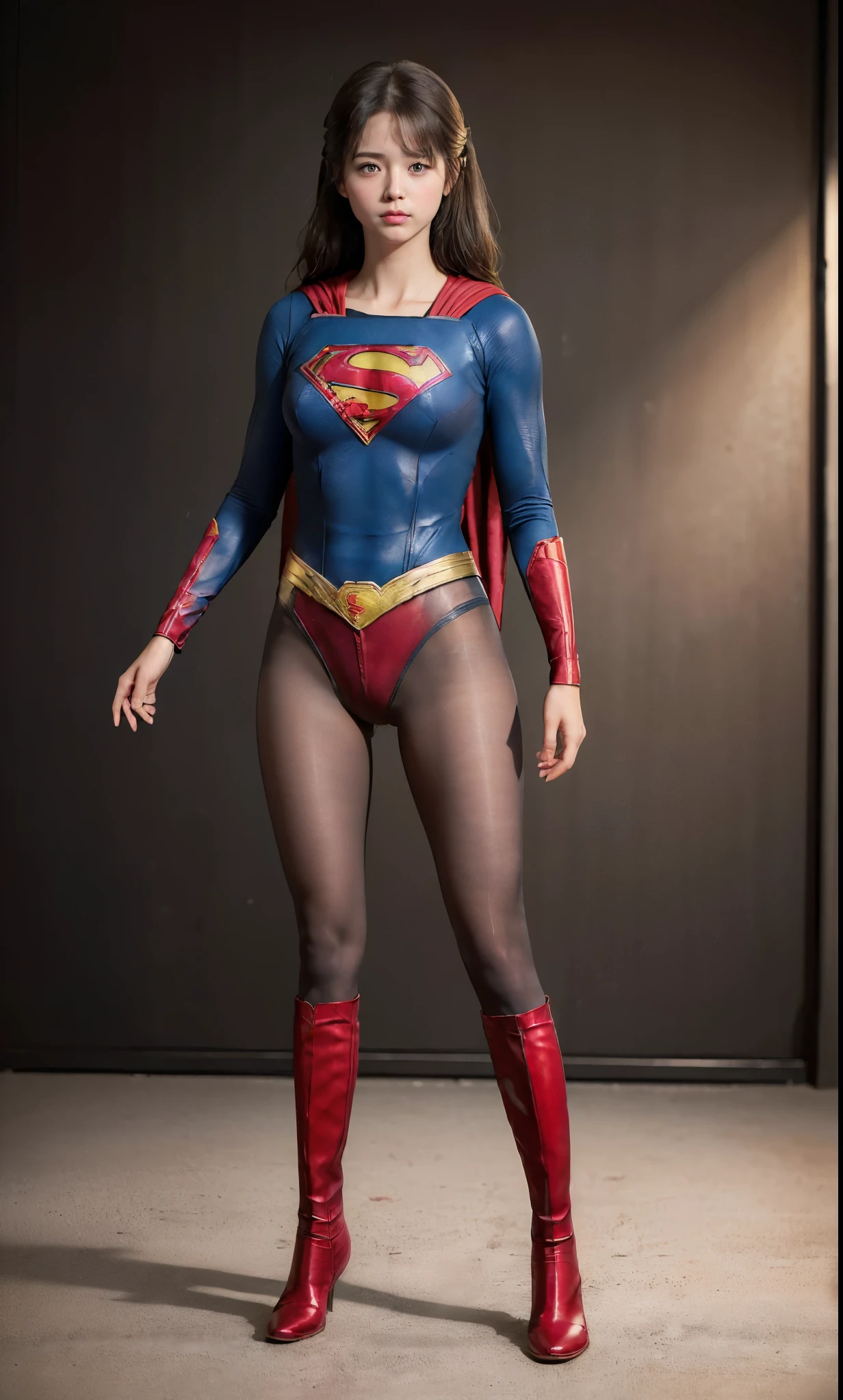 No background、She always has her mouth open、She always looks distressed、Always close your eyes、(((Beautiful legs in black tights.)))、(((Stretch your legs、expensive、あなたのsufferingを合法的に表現する)))、((((Make the most of your original images)))、(((Supergirl Costume)))、(((Beautiful hairstyle)))、(((suffering)))、(((Black tights legs、Wear red boots)))、((Best image quality、8k))、((highest quality、8k、masterpiece:1.3))、(((Preserve background )))、Sharp focus:1.2、Beautiful woman with perfect figure:1.4、Slim Abs:1.2、Wet body:1.5、Highly detailed face and skin texture、8k