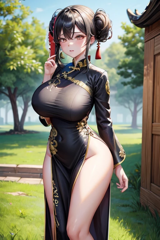 Girl , (Black Chinese Dress:1.3) , village , (Huge breasts:1.2) , 