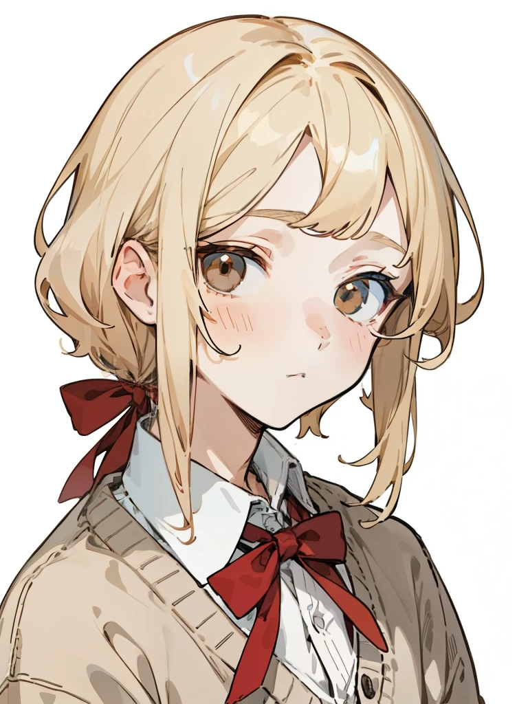superfine illustration,Animated,1boy,yaoi,Short hair,White skin,femboy, lovely boy, soft blonde hair, brown eyes, cutest face, slim, skinny, short, cute, detailed eyes, bust up, portrait, close up, wearing cardigan, light blonde hair, uke, cutest boy, chin-length hair, medium hair, soft hair, wavy hair, fluffy bangs, trap, looks girly, wool cardigan, cutest boy, illustrations, unbuttoned cardigan, red ribbon bow, big ribbon bow