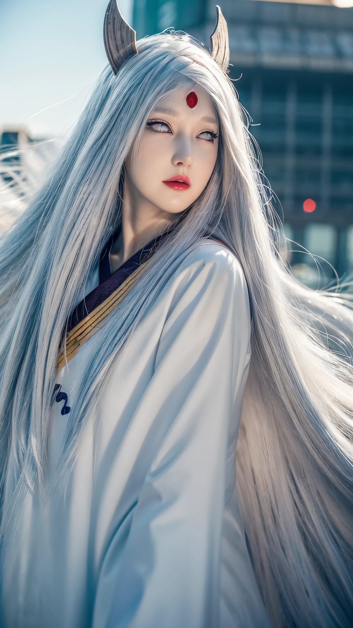 a close up of a person with long hair and a hoodie, otsutsuki kaguya, kaguya from anime naruto, as an anime character, perfect anime face, she has white hair with bangs, female anime character, anime character, anime best girl, hime cut hairstyle, white hair, (red glossy lips:1.3), white eyes, smile, city background, (beautiful face:1.3)