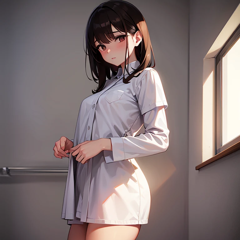 Nursing, cuarto blanco, cortinas, una joven, enfermera, sexy, Brown hair, ojos negros, bien detallado, obra maestra
