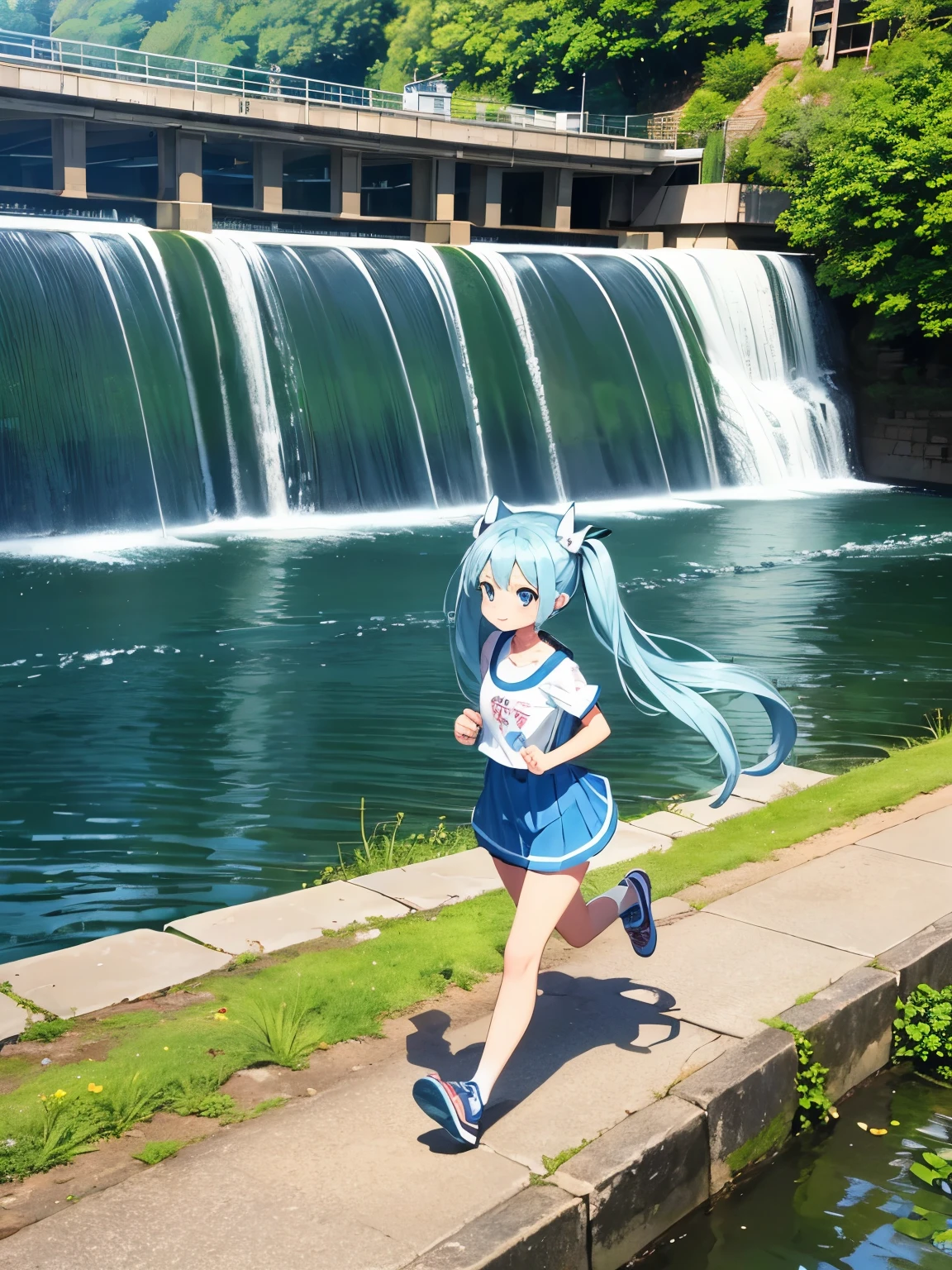 Light blue long hair、Beautiful girl with twin tails、Bright smile、There is a big dam right behind it.、Running along the river bank in front of the dam、The fresh greenery is beautiful、Shiba Inu is also running