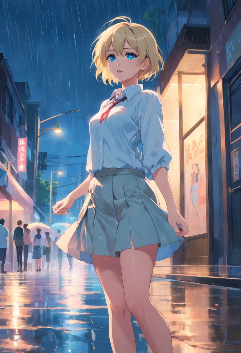 Women, ((Blonde)), ((Blue eyes)), ((Short hair)), ((Full body)), very detailed makeup, pale pink lipstick, long earrings, dressed in a white blouse and miniskirt, stilettos, in the rain, wet body, at night, scared ((whole body))