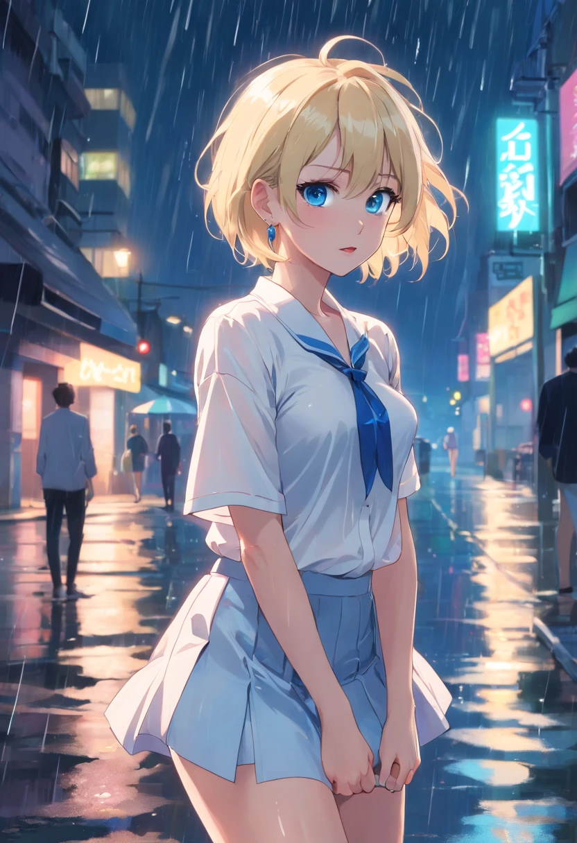 17 years old Women, ((Blonde)), ((Blue eyes)), ((Short hair)), ((Full body)), very detailed makeup, pale pink lipstick, long earrings, dressed in a white blouse and miniskirt, stilettos, in the rain, wet body, at night, scared ((whole body))