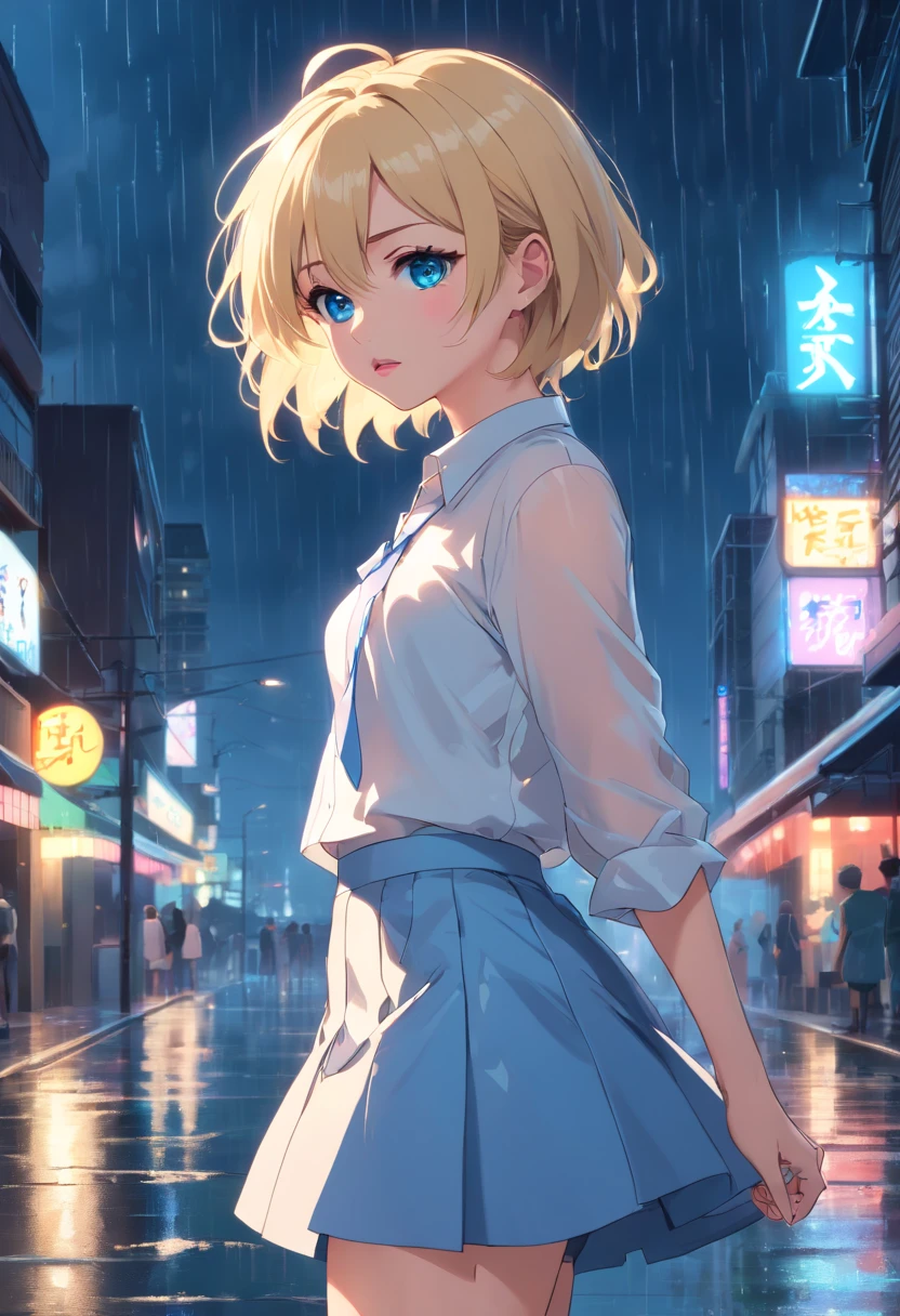 17 years old Women, ((Blonde)), ((Blue eyes)), ((Short hair)), ((Full body)), very detailed makeup, pale pink lipstick, long earrings, dressed in a white blouse and miniskirt, stilettos, in the rain, wet body, at night, scared ((whole body))