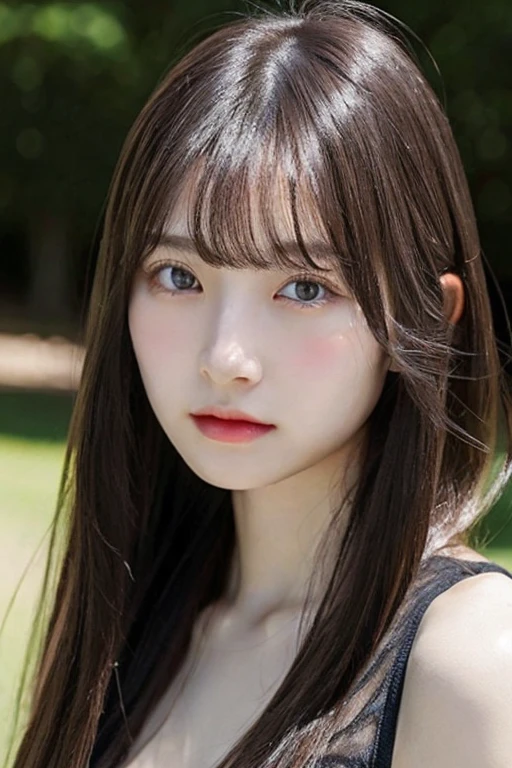 One girl, solo, shinny skin, breastsout, ighly detailed, ultra-detailliert, 超A high resolution, full body Esbian, (Photorealsitic:1.4), (top-quality), (Best Shadows), ulzzang-6500, detaileds, Perfect litthing, A dark-haired、The long-haired、(Colossal tits:1.3)、Layered Hair Style、8K、stares at the camera