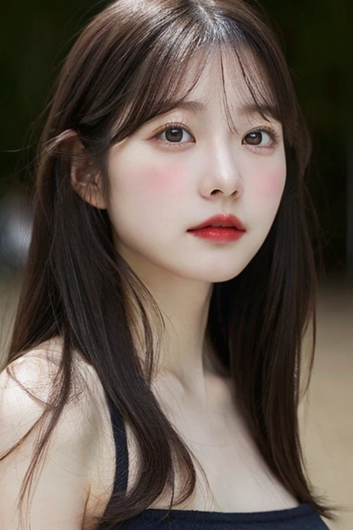 One girl, solo, shinny skin, breastsout, ighly detailed, ultra-detailliert, 超A high resolution, full body Esbian, (Photorealsitic:1.4), (top-quality), (Best Shadows), ulzzang-6500, detaileds, Perfect litthing, A dark-haired、The long-haired、(Colossal tits:1.3)、Layered Hair Style、8K、stares at the camera