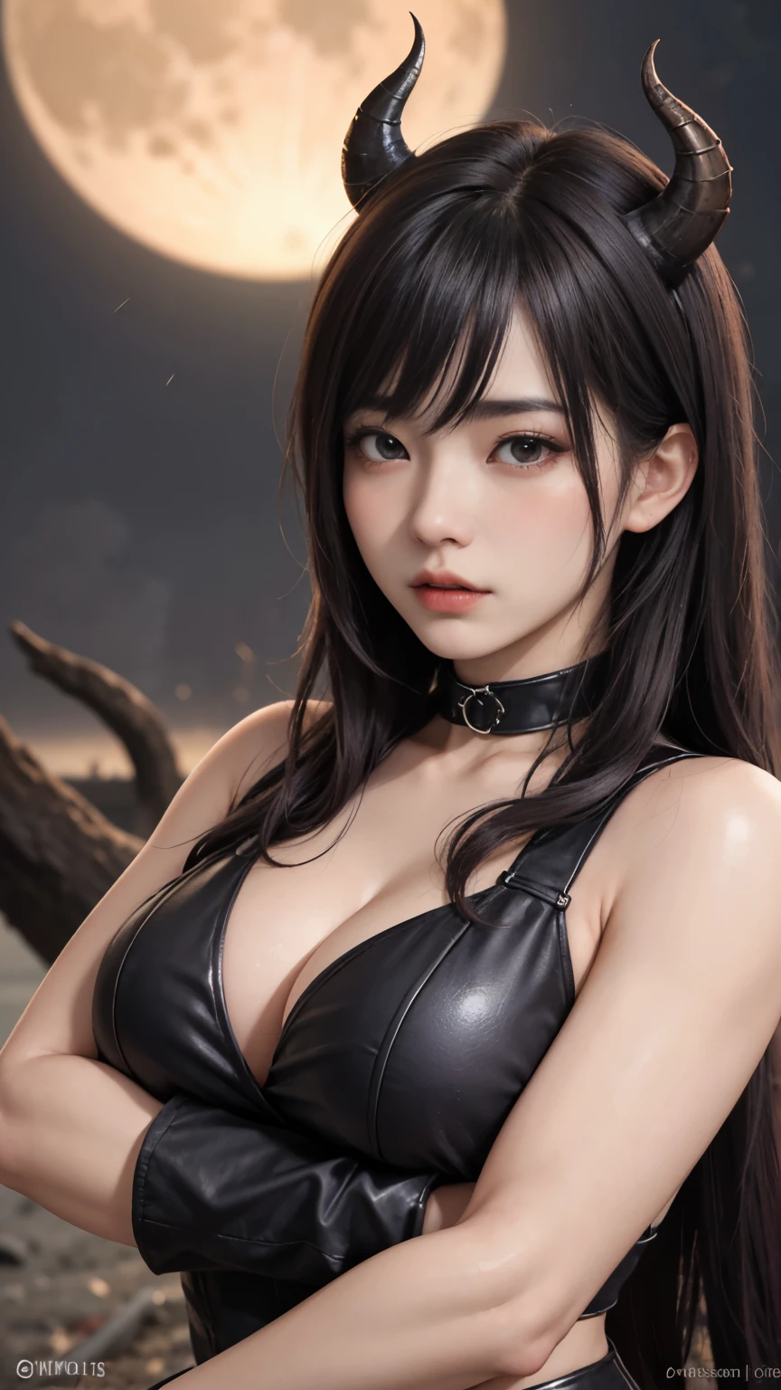background(Black Night Sky,Big Moon),Woman close up,Wearing a white shirt、Purple Hair,Very long hair,very thick braids,Purple eyes,big , realistic girl rendering, 8k artistic german bokeh, Enchanting girl, Realistic girl, Gurwitz, Gurwitz-style artwork, Girl Roleplay, Realistic 3D style, cgstation Popular Topics,, 8K Portrait Rendering,(Faithfulness,Faithfulness:1.4),Wear pink pajamas,巨big ,Sparkling eyes,Purple eyes、(highest quality,4K,8k,High resolution,masterpiece:1.2),Very detailed,(Realistic,photoRealistic,photo-Realistic:1.37),Mythical monster,Beast-like creature,Muscular,Six big legs,Stand like a gorilla,Red fur covering the body,two big horns,Boar tusk,Sharp Claws,huge shape,Burning Fire Magic,Energy aura,A menacing presence,Glowing Eyes,Intimidating posture,Dark Environment,Smoke-filled air,Ominous Shadow,Majestic and fierce,Explosive power,Vibrant colors,Bold,Horror art style,Dynamic configuration,Dramatic lighting,Muscle layers,large sharp teeth,Sharp Edges,Very detailedスケール,Fiery Crack,Burning Flames,Ferocious look,Burning with anger,Surrounded by sparks and embers