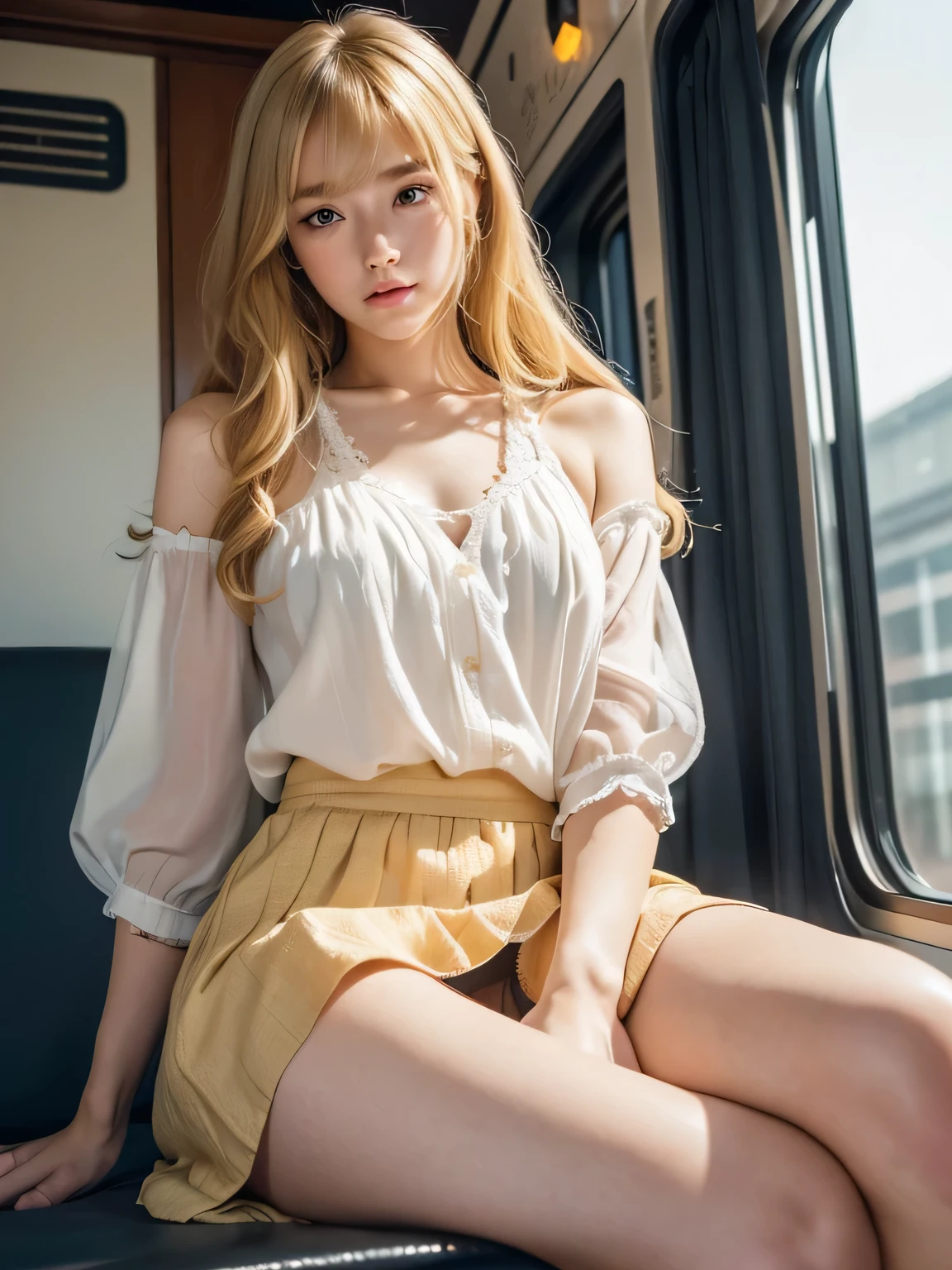 8K、Photo image masterpiece、highest quality、Super-resolution、Angle low-angle image from the feet、Beautiful woman with golden curly hair、((Blonde beauty))、With bangs、Impossibly cute face、And slim、Small breasts、High resolution、masterpiece、Exquisite Function 、Delicate eyes、Delicate blonde hair、8K quality、Pale light and shadow、Dindal effect、Messy blonde、With bangs、((A photo from the delicate feet)、(Detailed RAW Photos of Girls)、(Tabletop:1.25)、 (Highest quality:1.6)、(超High resolution:1.5)、(Real:1.75)、8k resolution、Image from the foot、 (RAW Photos:1.2), (Realistic:1.4), Beautiful detailed woman, Very narrow waist、Very detailed eyes and face, Beautiful fine details, Ridiculous、Large file size、Very detailed、High resolution、highest quality、masterpiece、((Lightweight summer blouses and skirts in a variety of shapes and colors))、Very detailed、CG、Unified、8k wallpaper、wonderful、The finer detailasterpiece、highest quality、 Light on the face、Cinema Lighting、One woman、23 years old、((Woman sitting in the front seat of a train、Thigh Gap 、Direct light from below、The inside of the skirt is also clearly visible.、Liked images、Random color and shape string panties under skirts、))